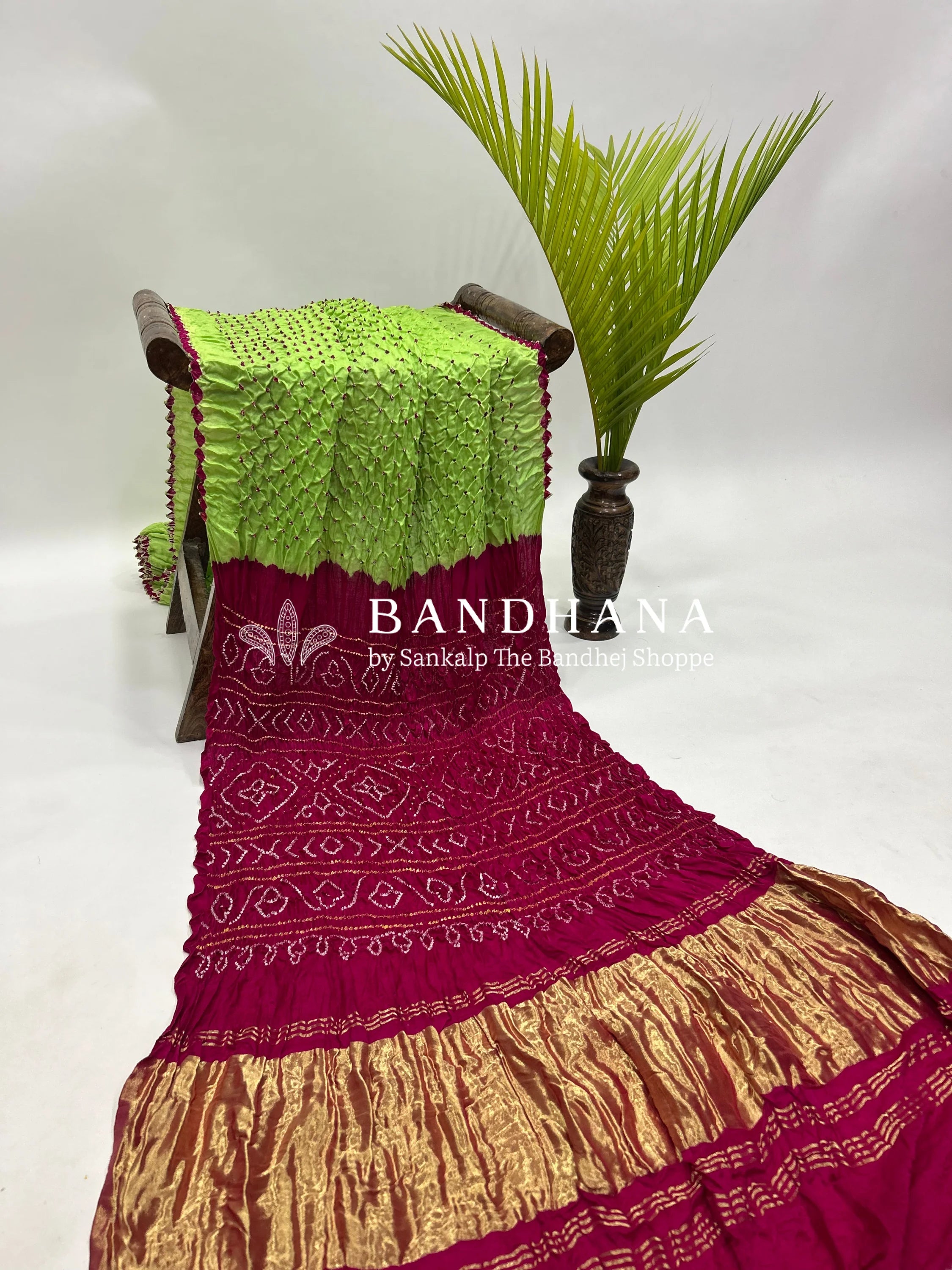 Pista Rani Pink Gajji Silk Contrast Colour Bandhej Single Dot Bandhani Saree Sarees