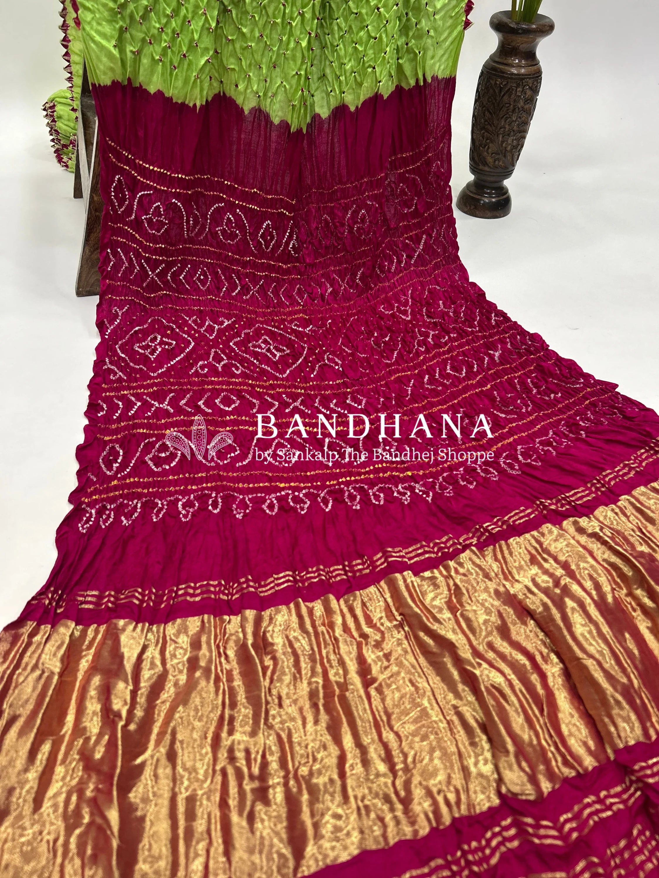 Pista Rani Pink Gajji Silk Contrast Colour Bandhej Single Dot Bandhani Saree Sarees