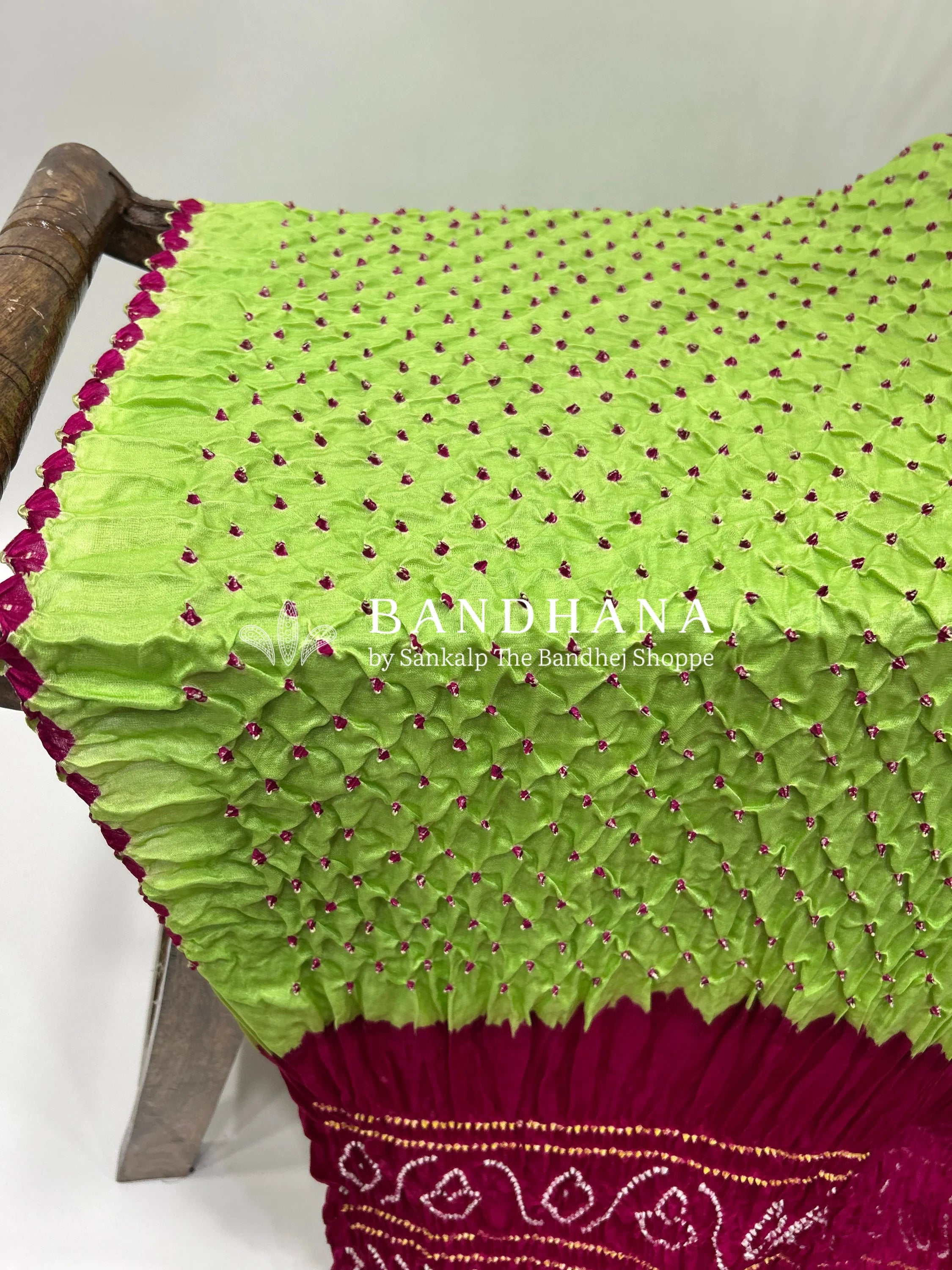 Pista Rani Pink Gajji Silk Contrast Colour Bandhej Single Dot Bandhani Saree Sarees