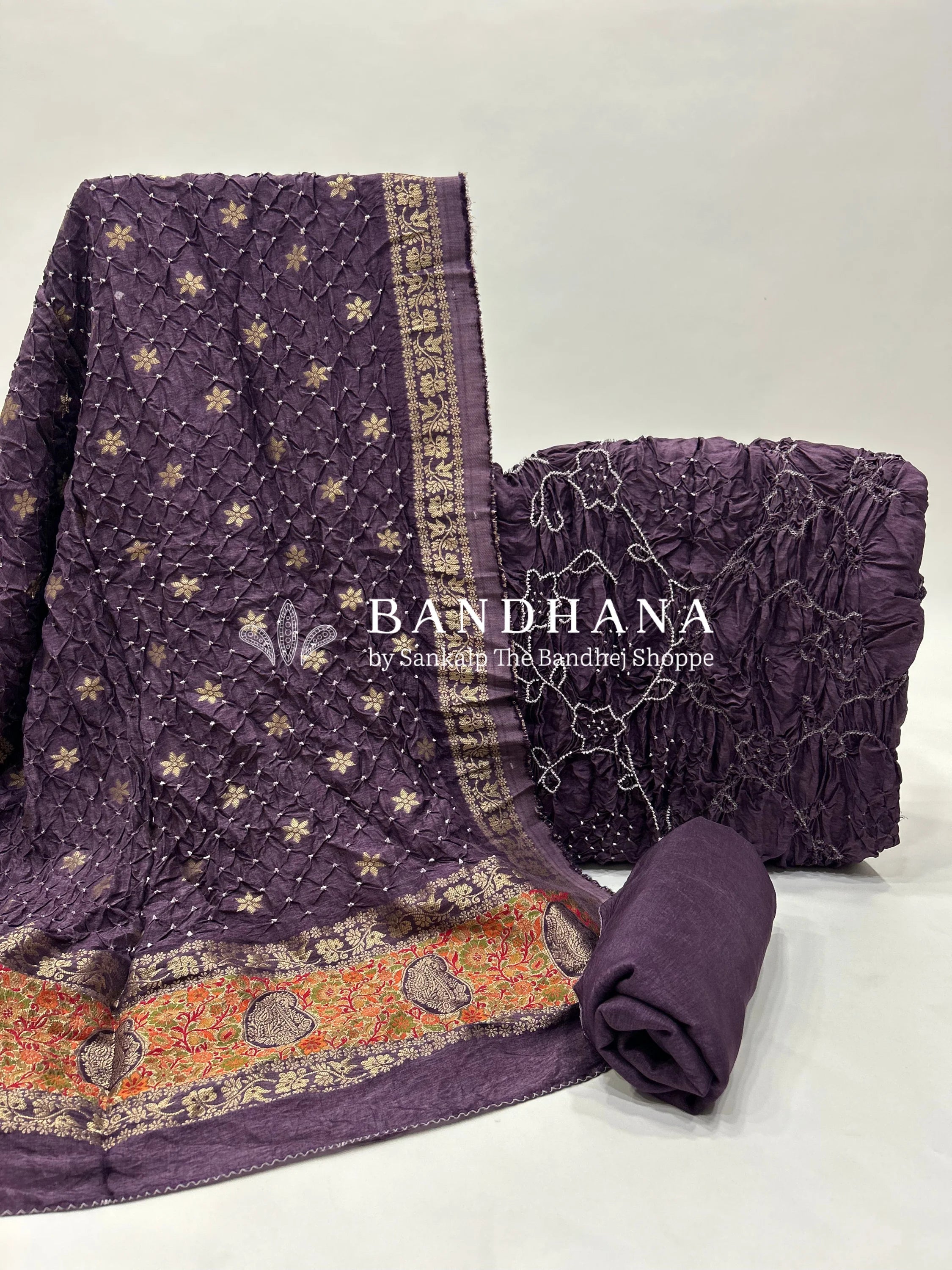 Purple Dola Silk Bandhani Dress Material mediumpurple / Dola Silk Dresses