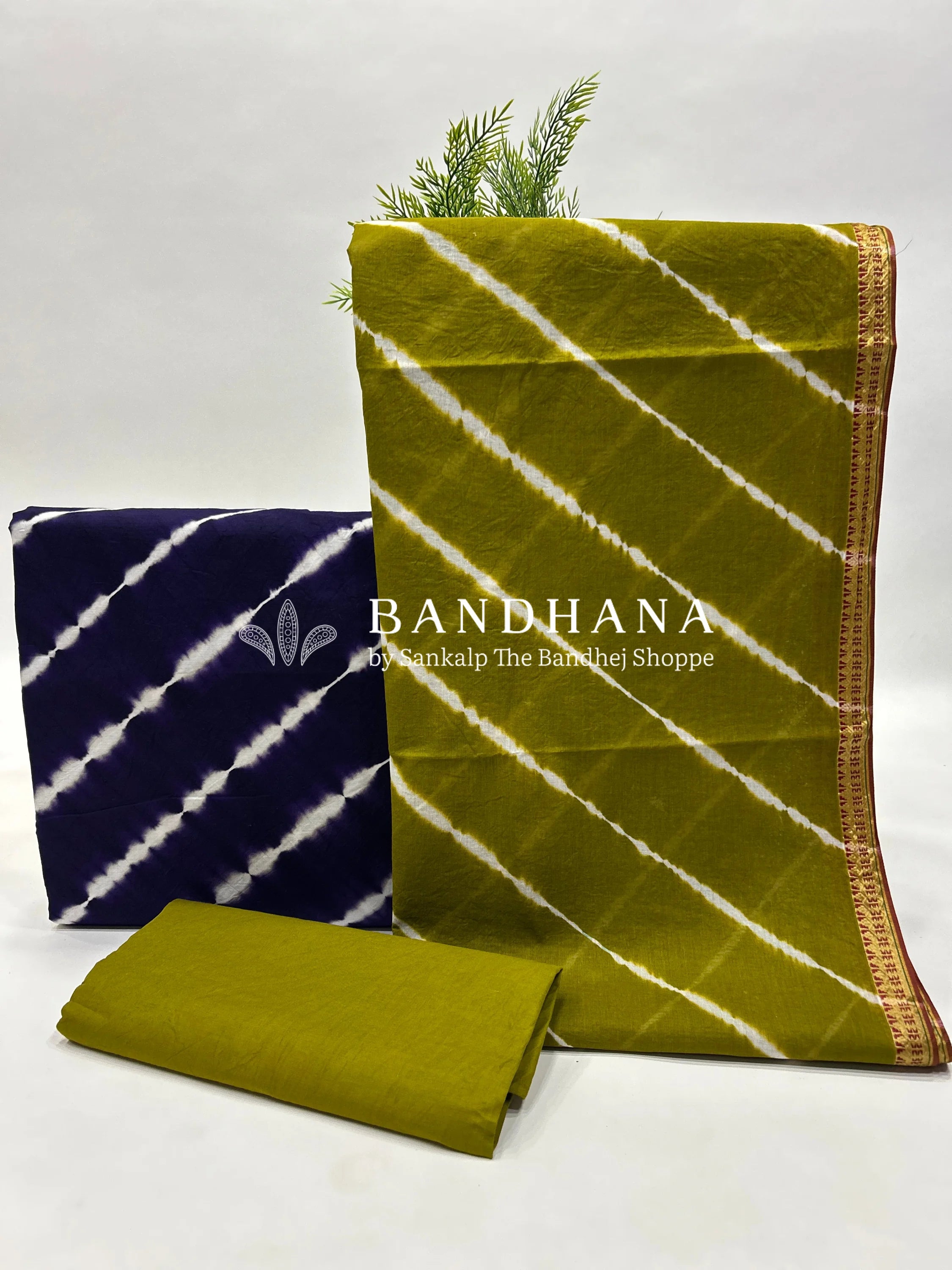 Purple-Mehendi Green Cotton Laheriya Dress Material green / Cotton Dresses