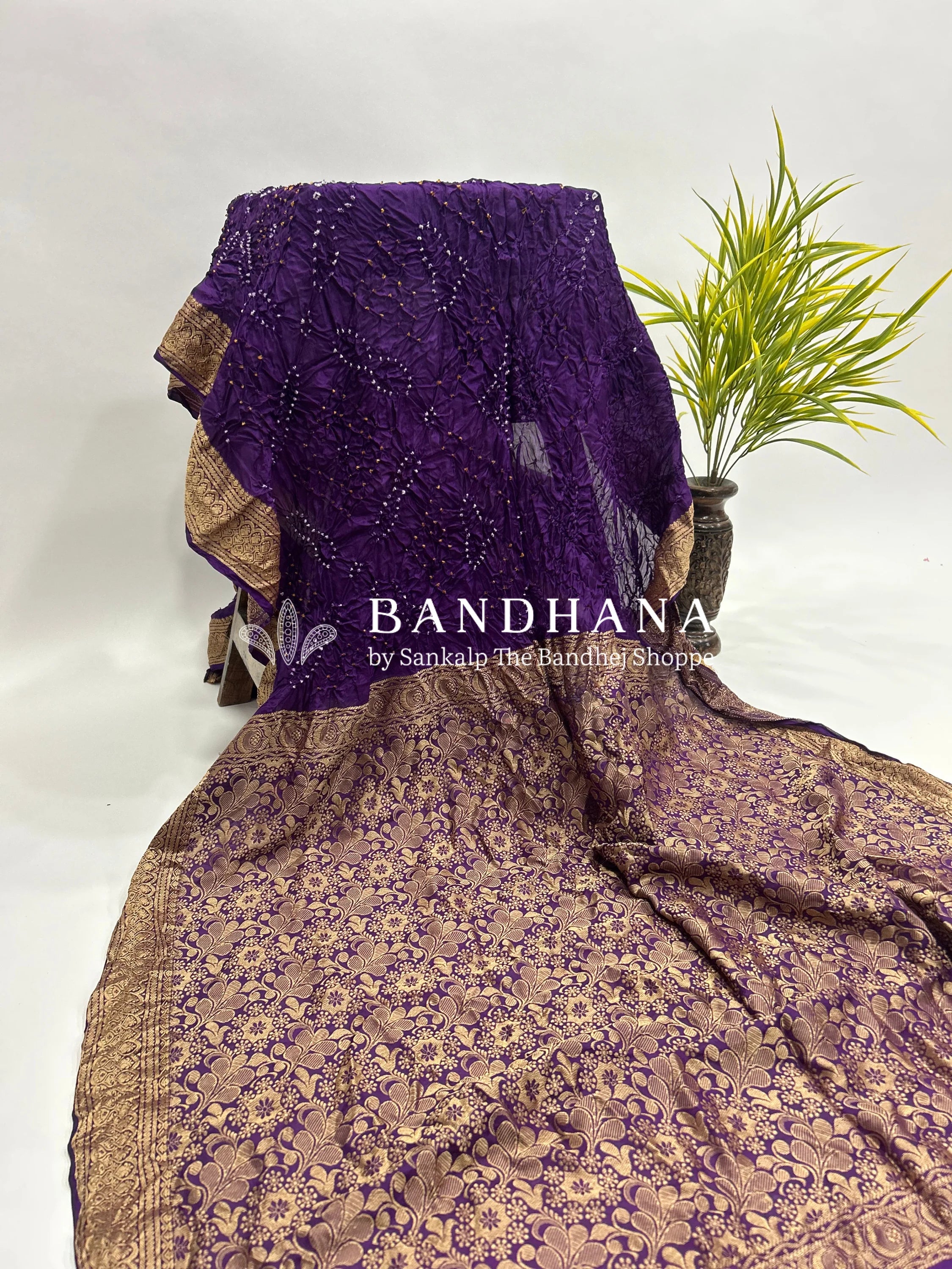 Purple Soft Silk Resham Palav Bandhani Saree purple / Soft Silk Sarees
