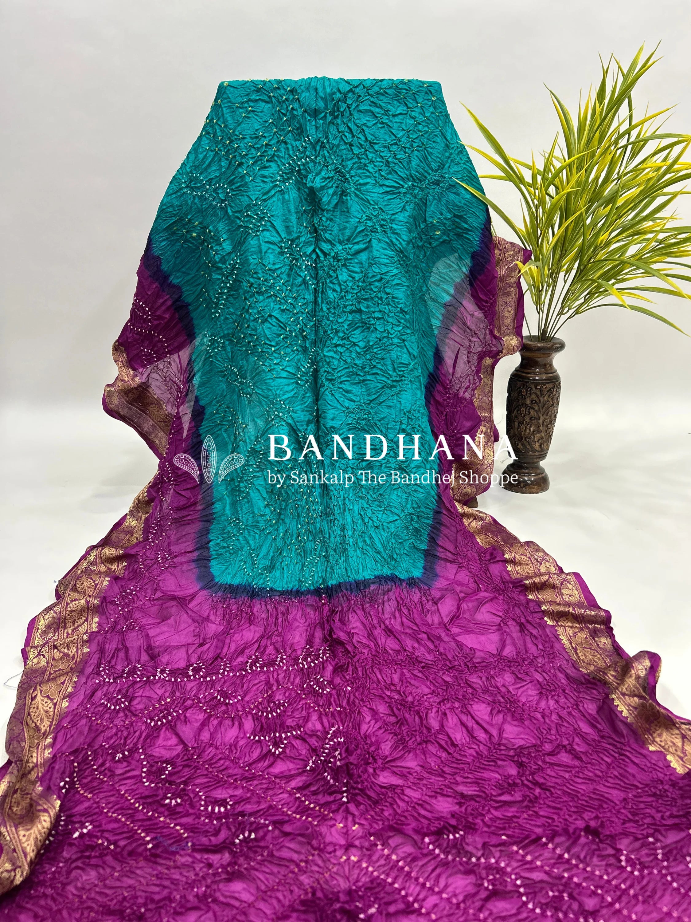 Rama & Magenta Soft Silk Resham Palav Bandhani Saree darkcyan / Soft Silk Sarees
