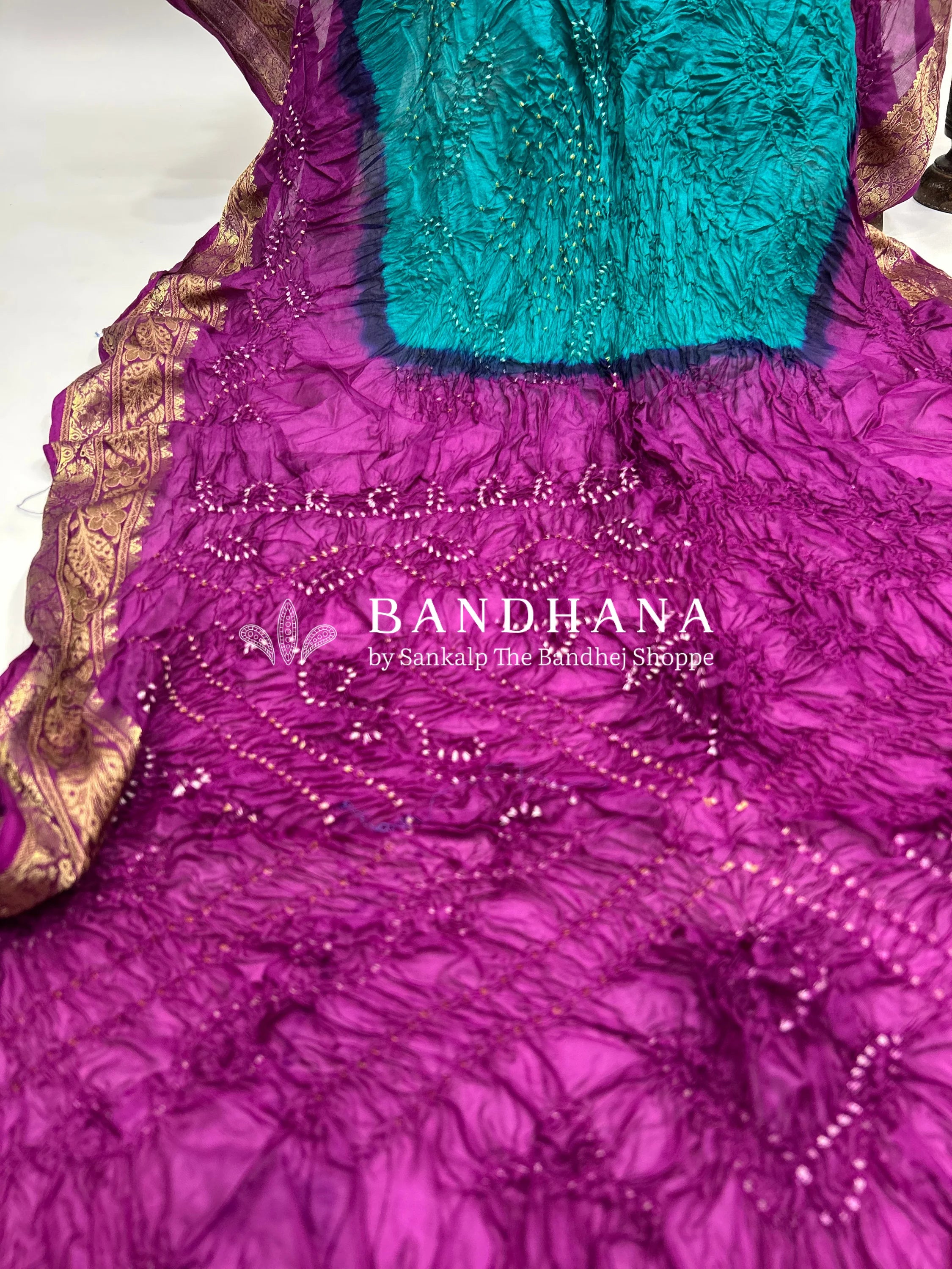 Rama & Magenta Soft Silk Resham Palav Bandhani Saree darkcyan / Soft Silk Sarees