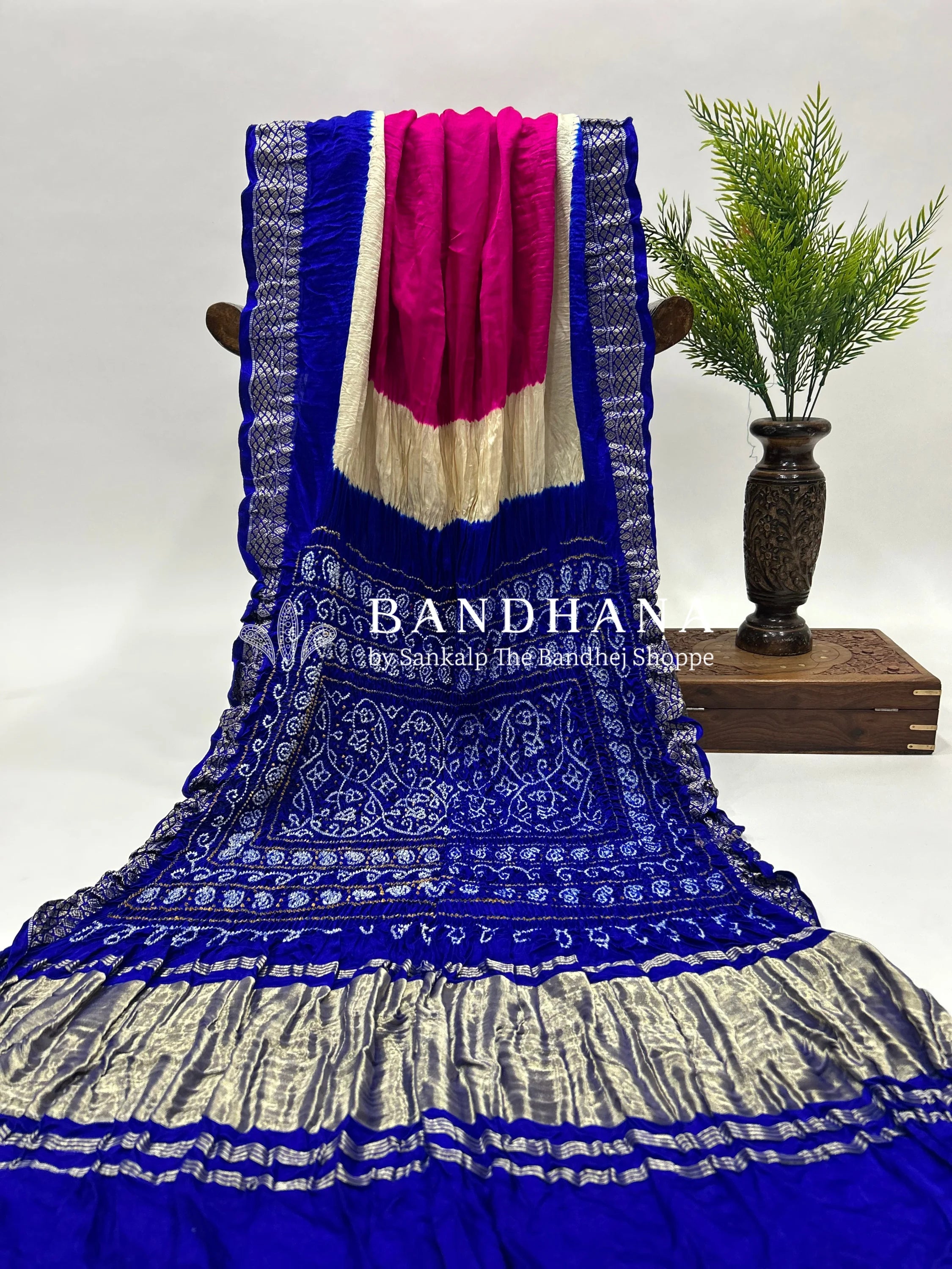 Rani-Blue Gajji Silk Designer Gala Saree with 3 Colour Dying blue / Gajji Silk Sarees