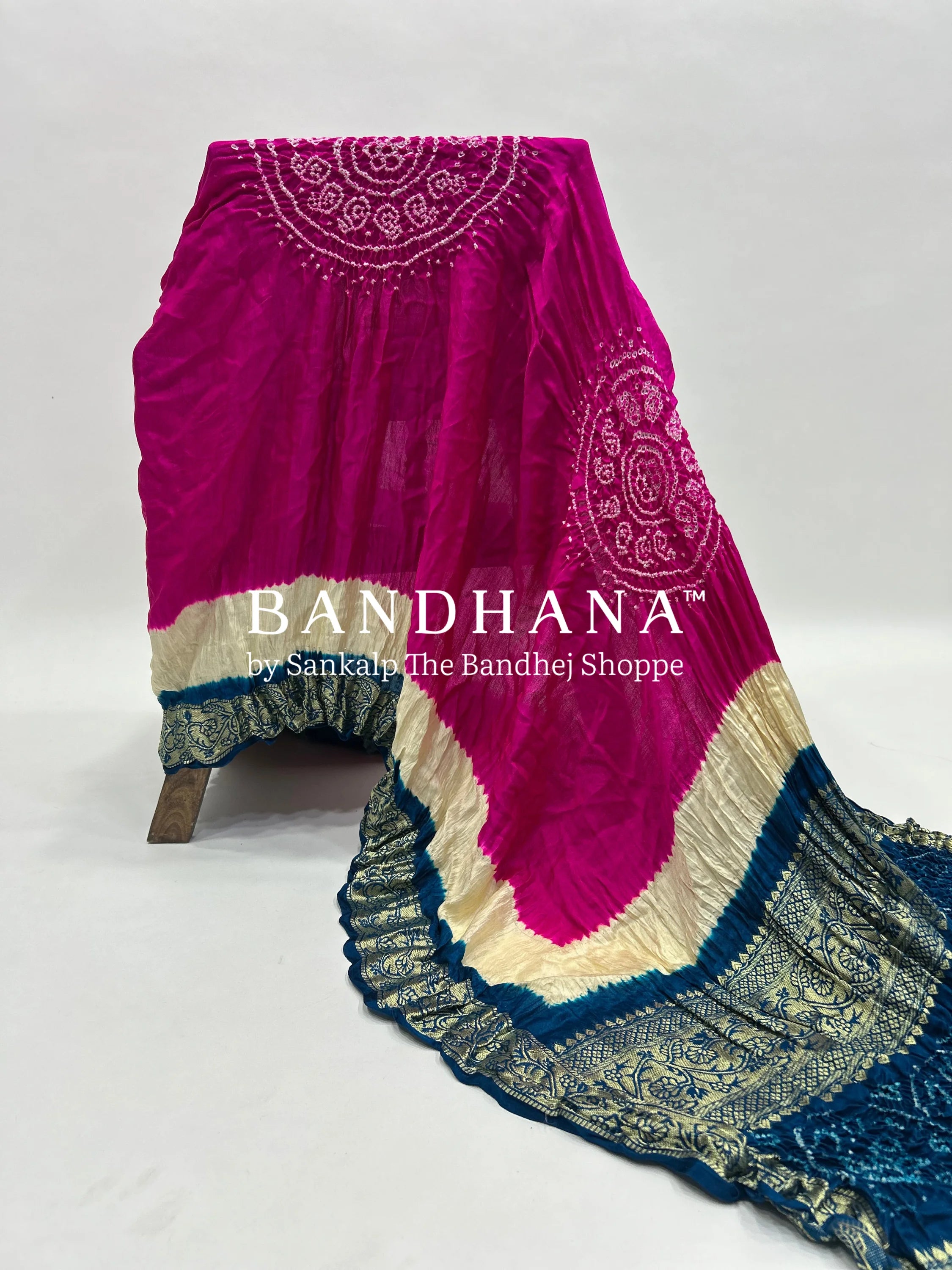 Rani-Indigo Gajji Silk Designer Gala Dupatta With 3 Colour Dying deeppink / Gajji Silk Dupattas