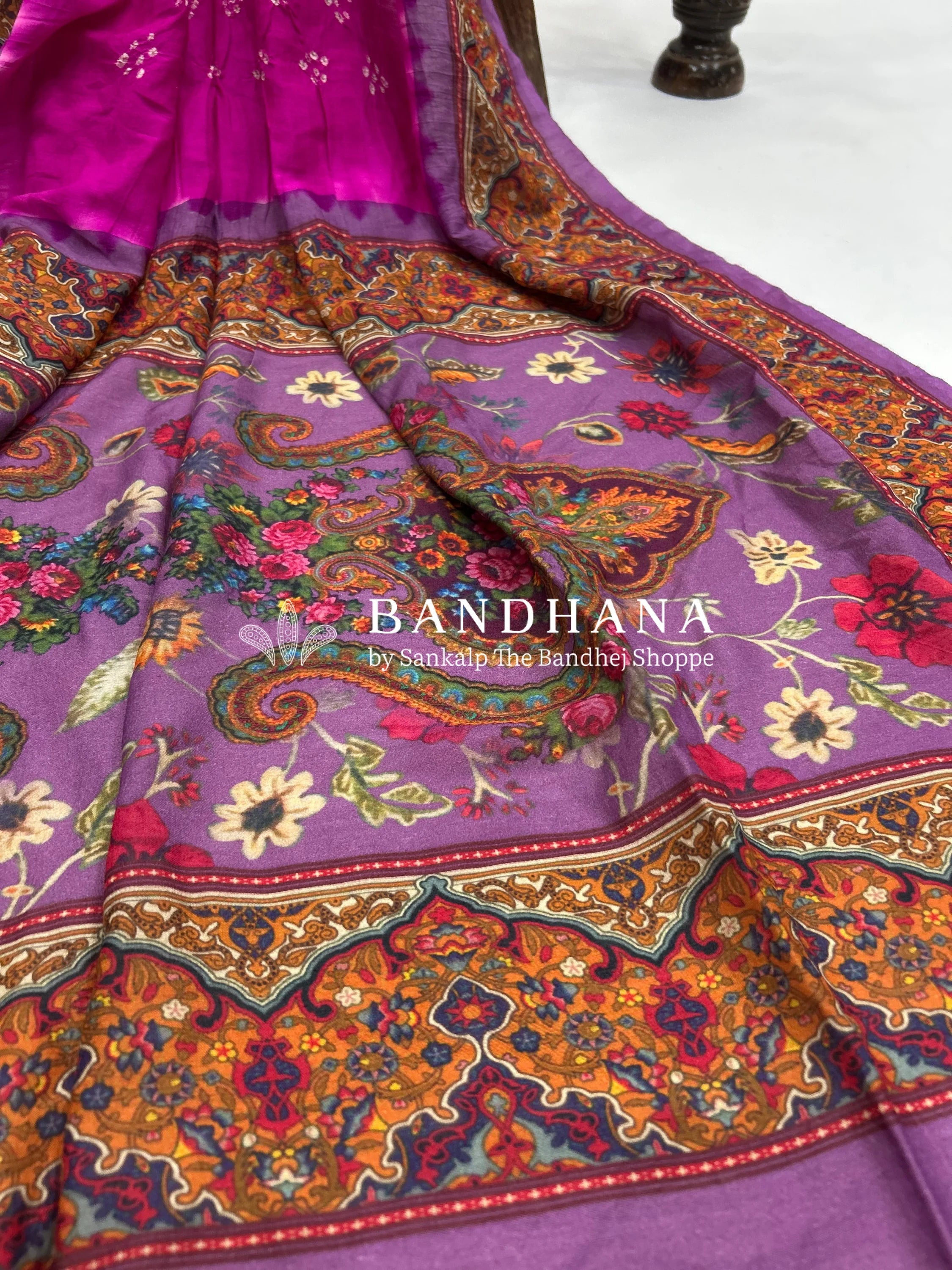 Rani-Lavender Muga Silk Digital Kashmiri Print Bandhani Saree magenta / Malai Silk Sarees