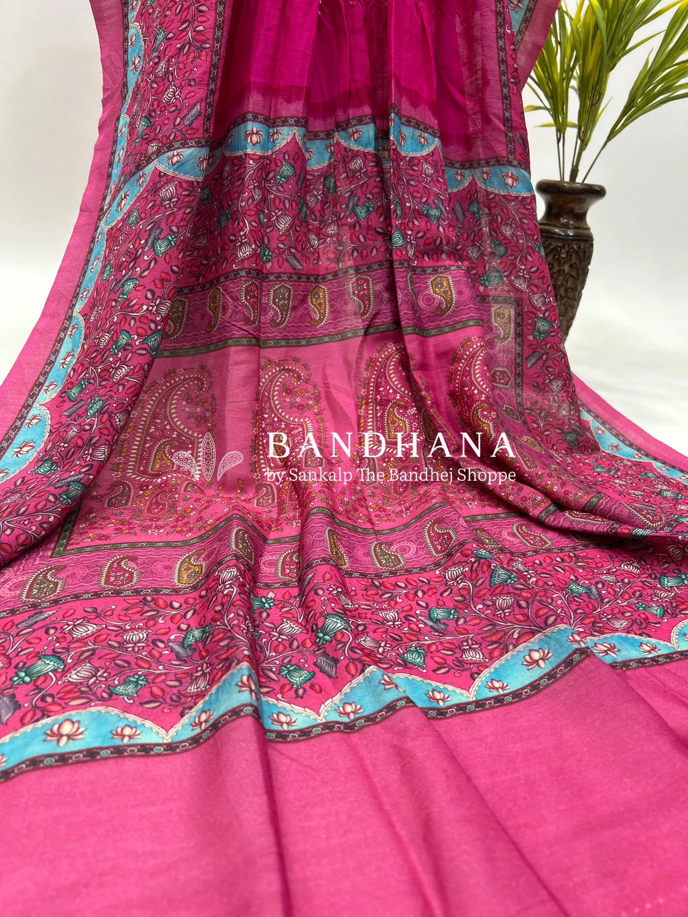 Rani Muga Silk Digital Kashmiri Print Bandhani Saree deeppink / Muga Silk Sarees