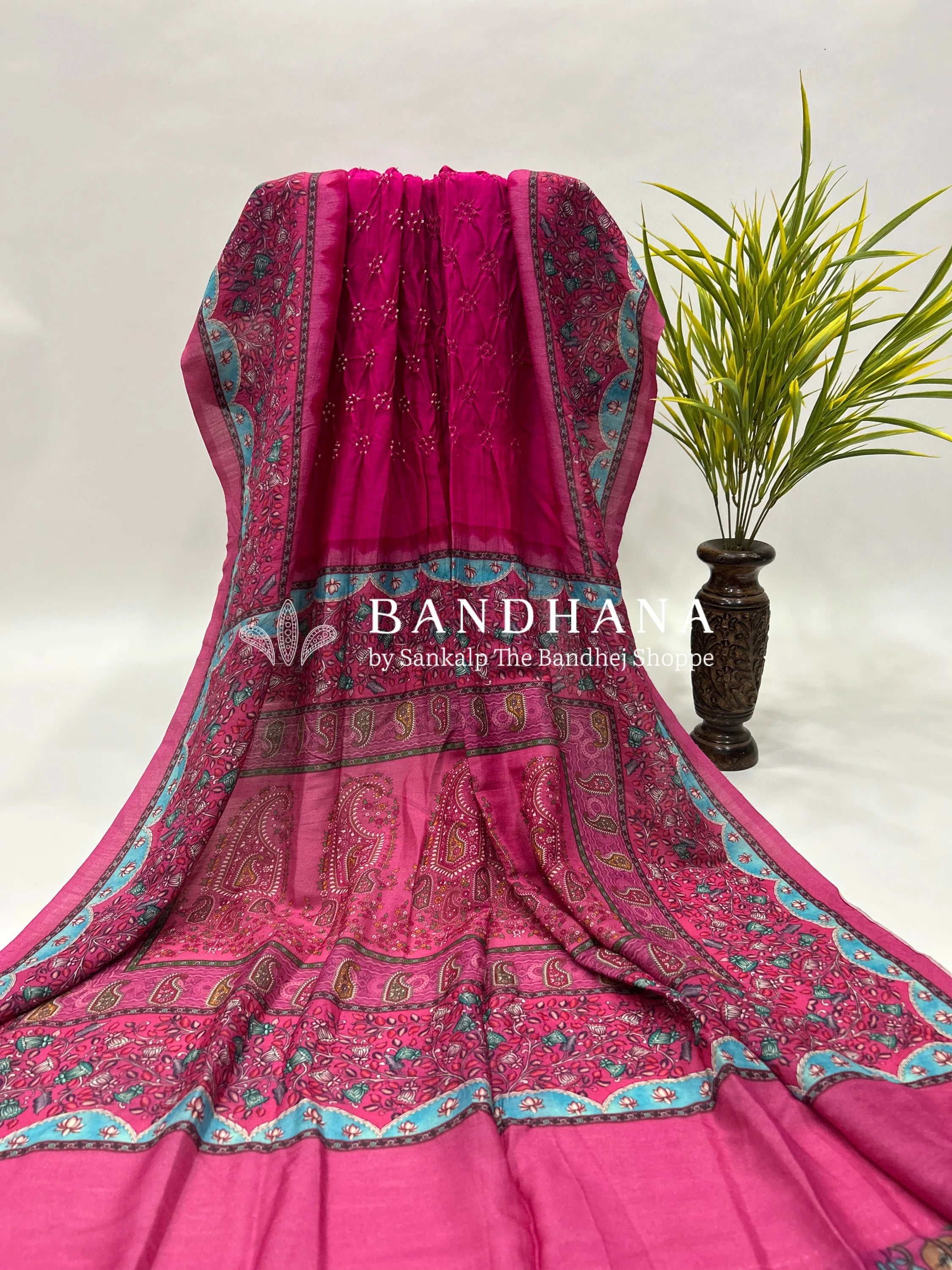 Rani Muga Silk Digital Kashmiri Print Bandhani Saree deeppink / Muga Silk Sarees