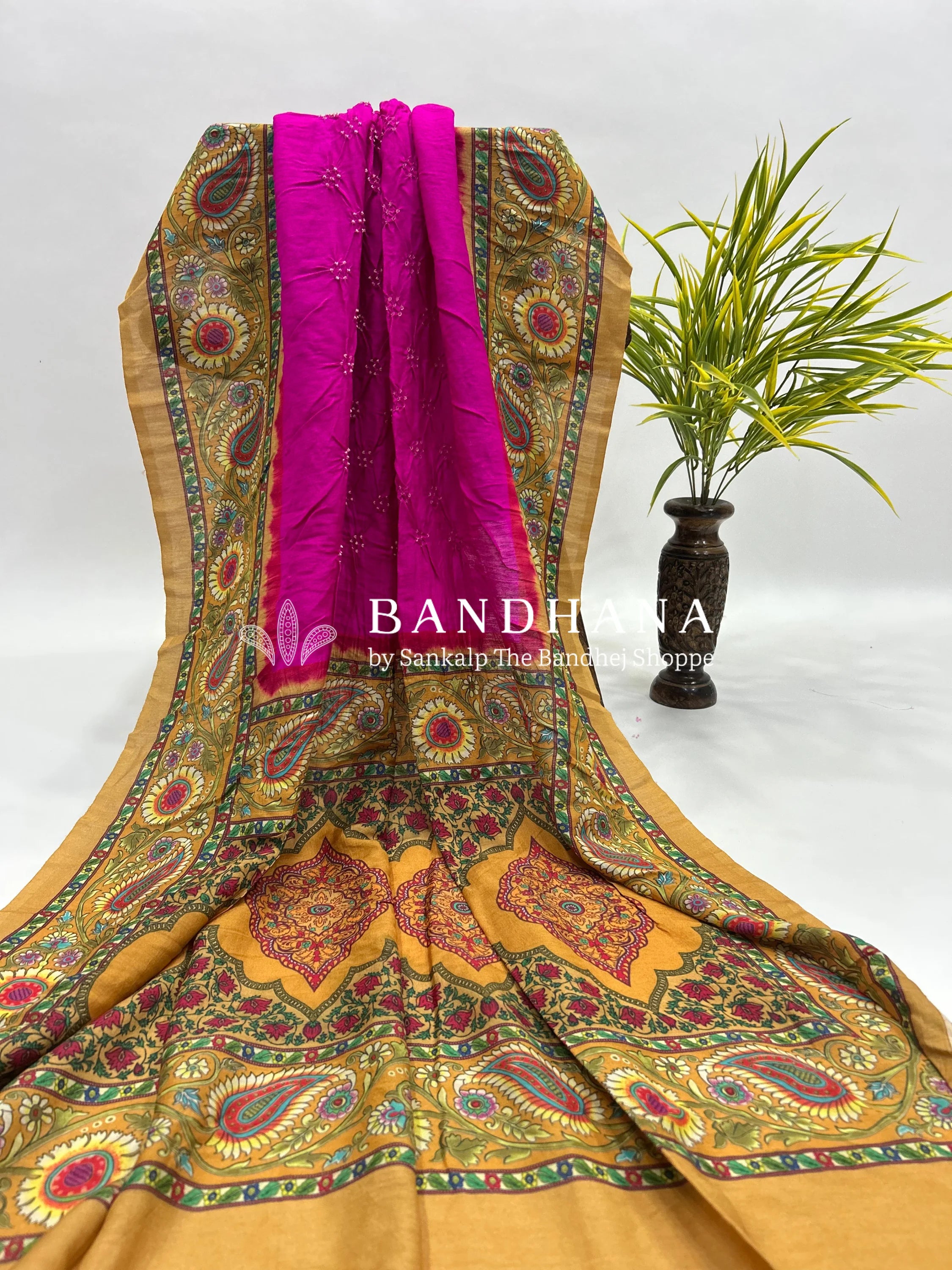 Rani-Mustard Muga Silk Digital Kashmiri Print Bandhani Saree magenta / Muga Silk Sarees