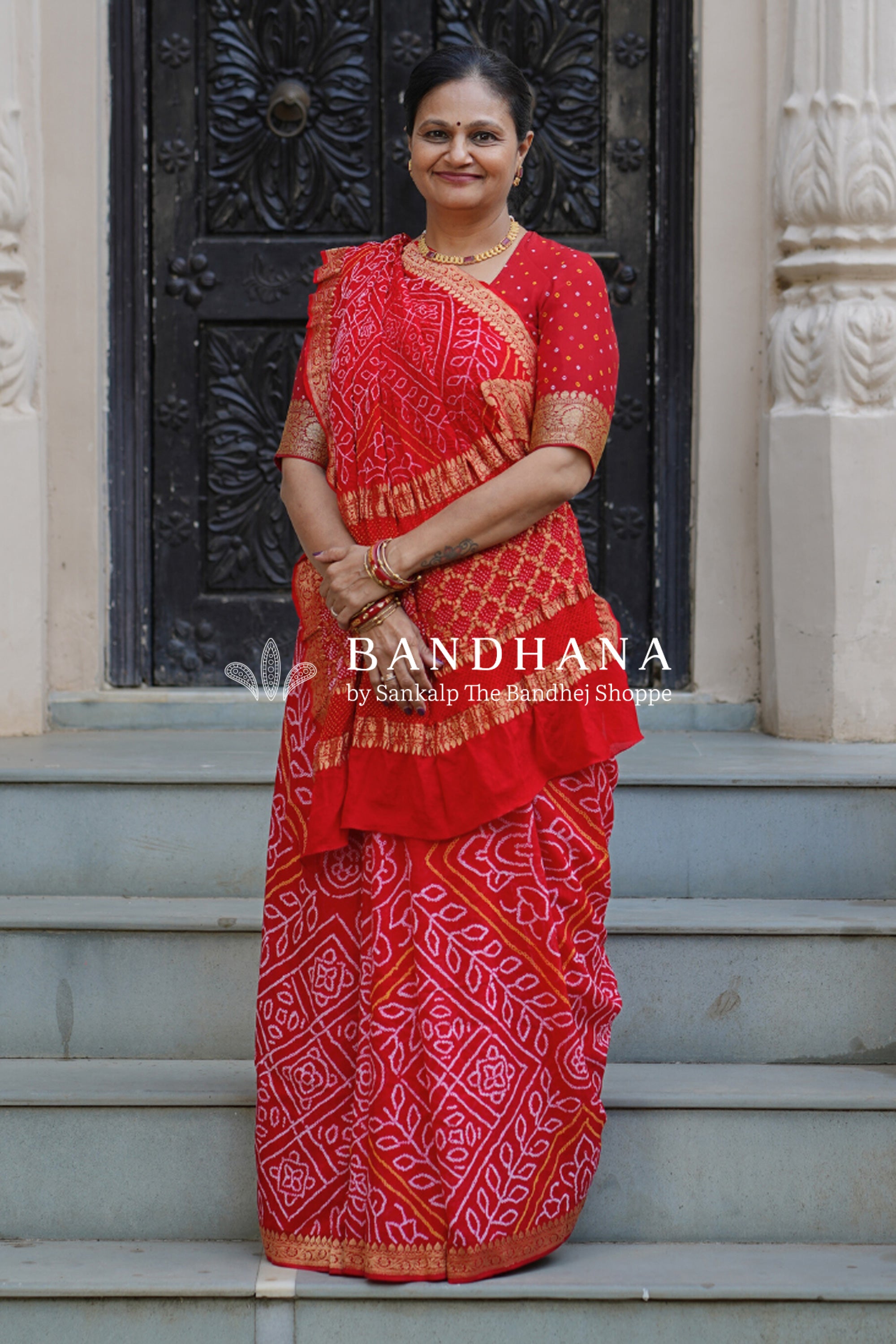 Red Georgette Banarasi Real Zari Bandhani Saree Sarees