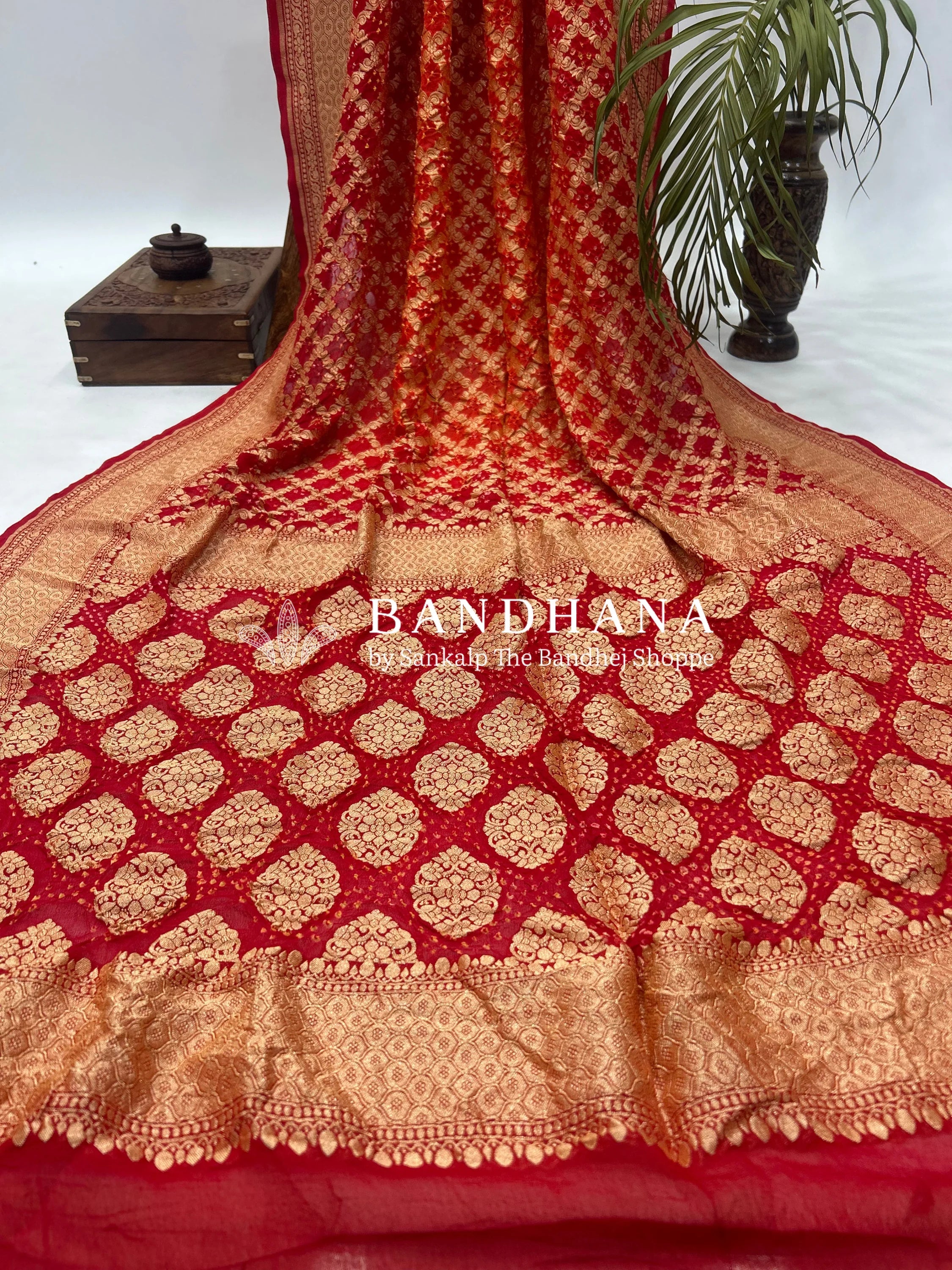 Red Georgette Jaal Bandhani Saree Sarees