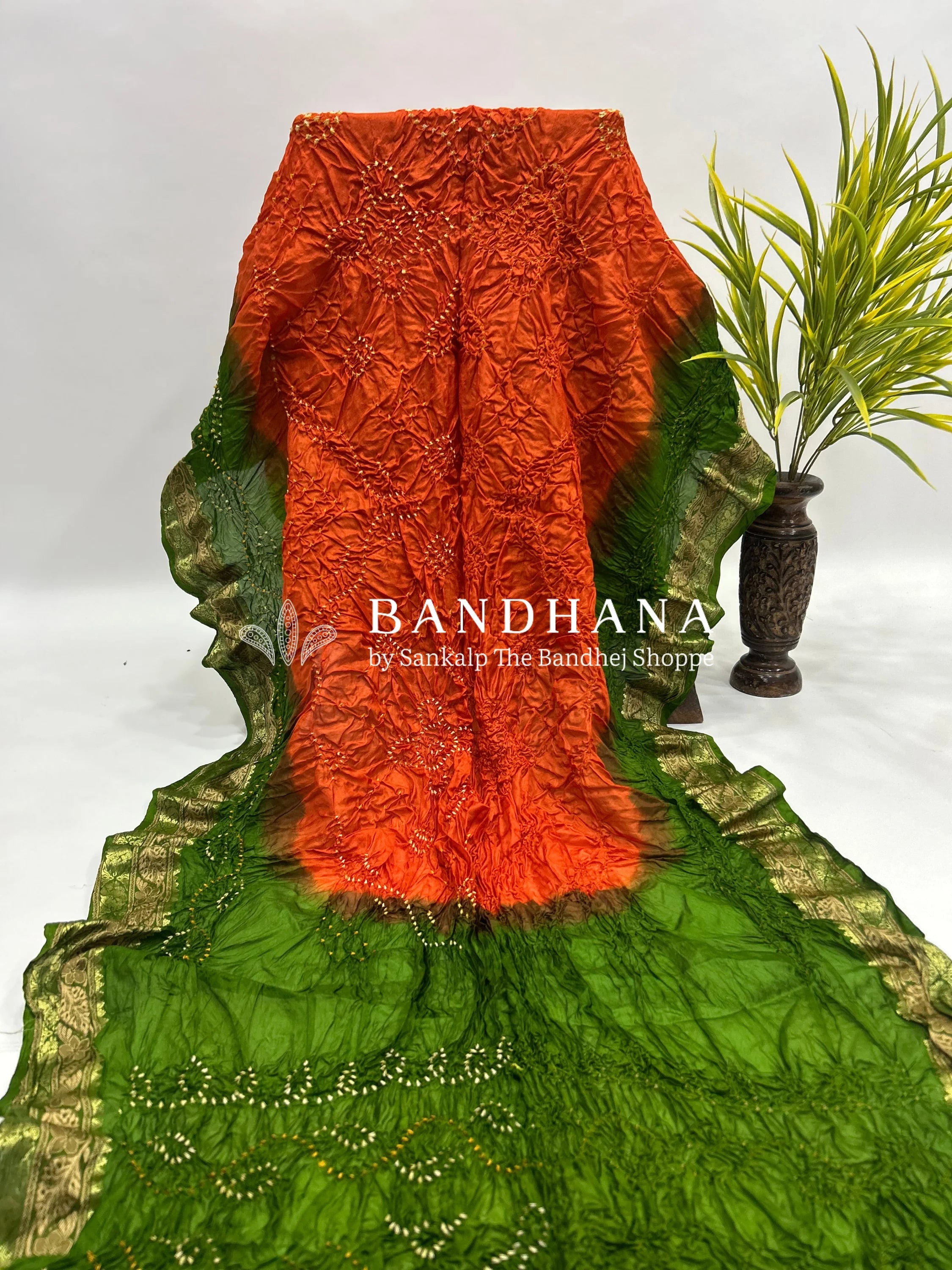 Rust & Mehandi Soft Silk Resham Palav Bandhani Saree orangered / Soft Silk Sarees