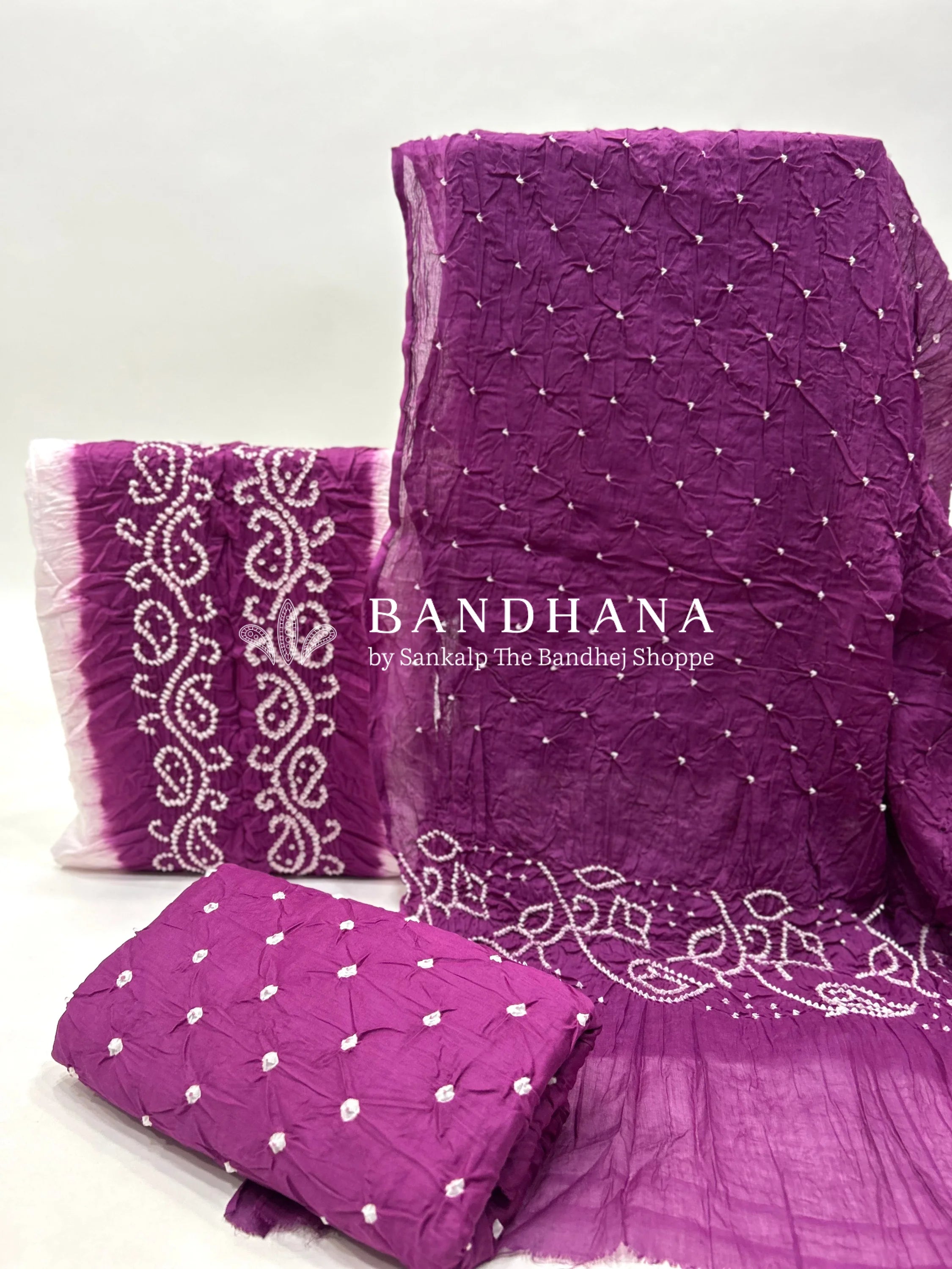 White-Magenta Cotton Pennal Bandhani Dress Material purple / Cotton Dresses