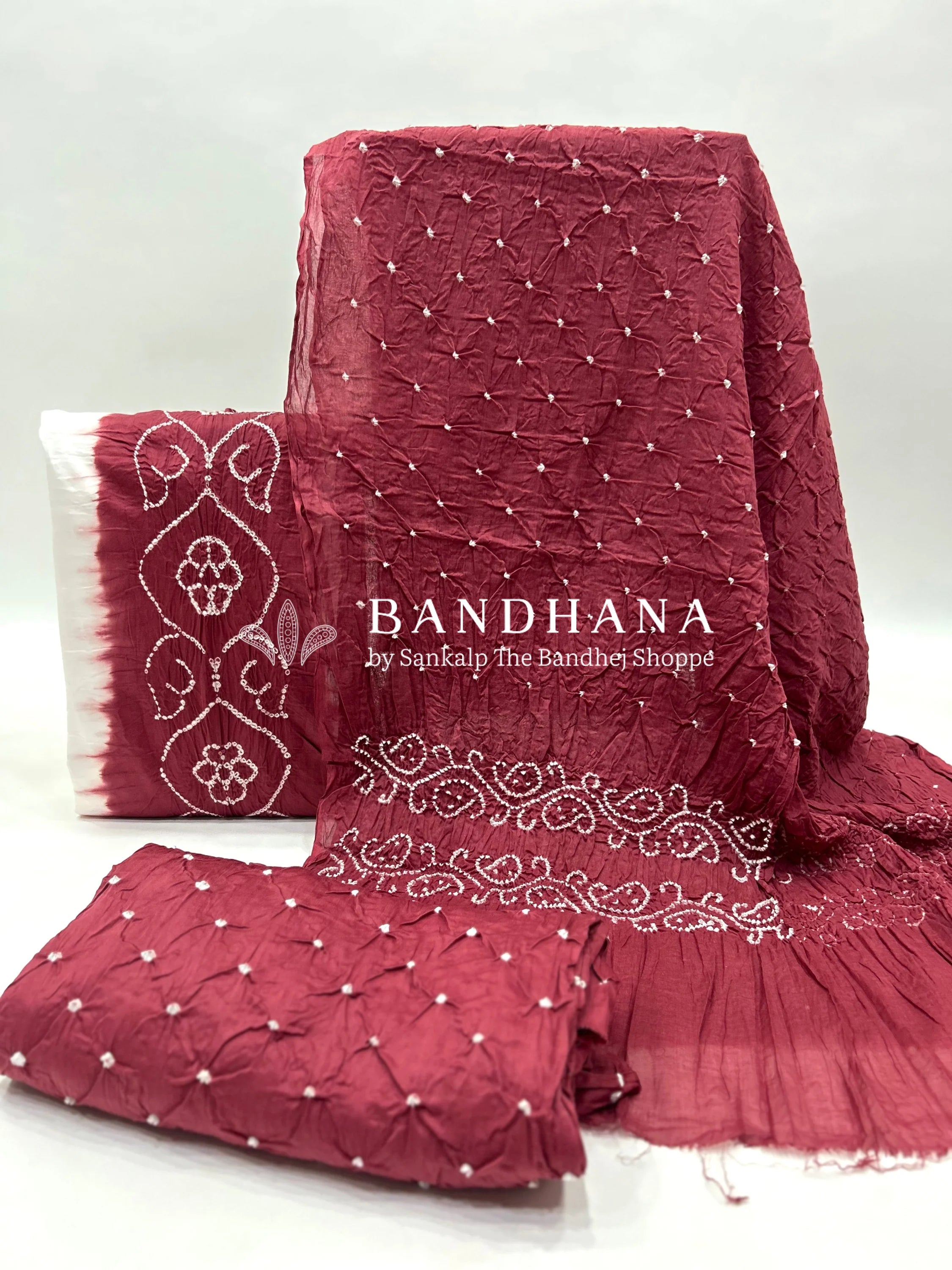 White-Wine Cotton Pennal Bandhani Dress Material indianred / Cotton Dresses