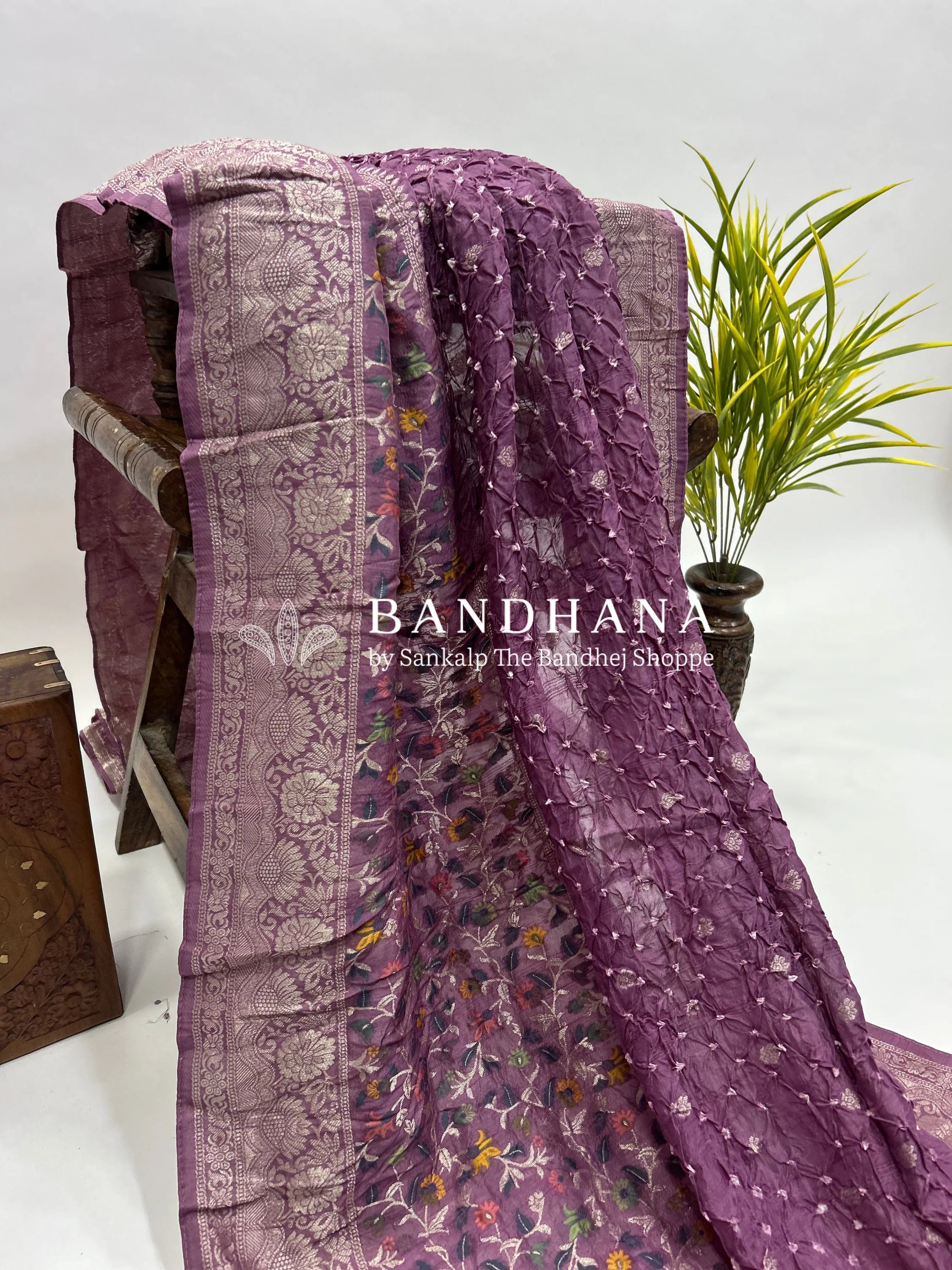 Wine Art Tussar Silk Bandhani Saree purple / Tussar Silk Sarees