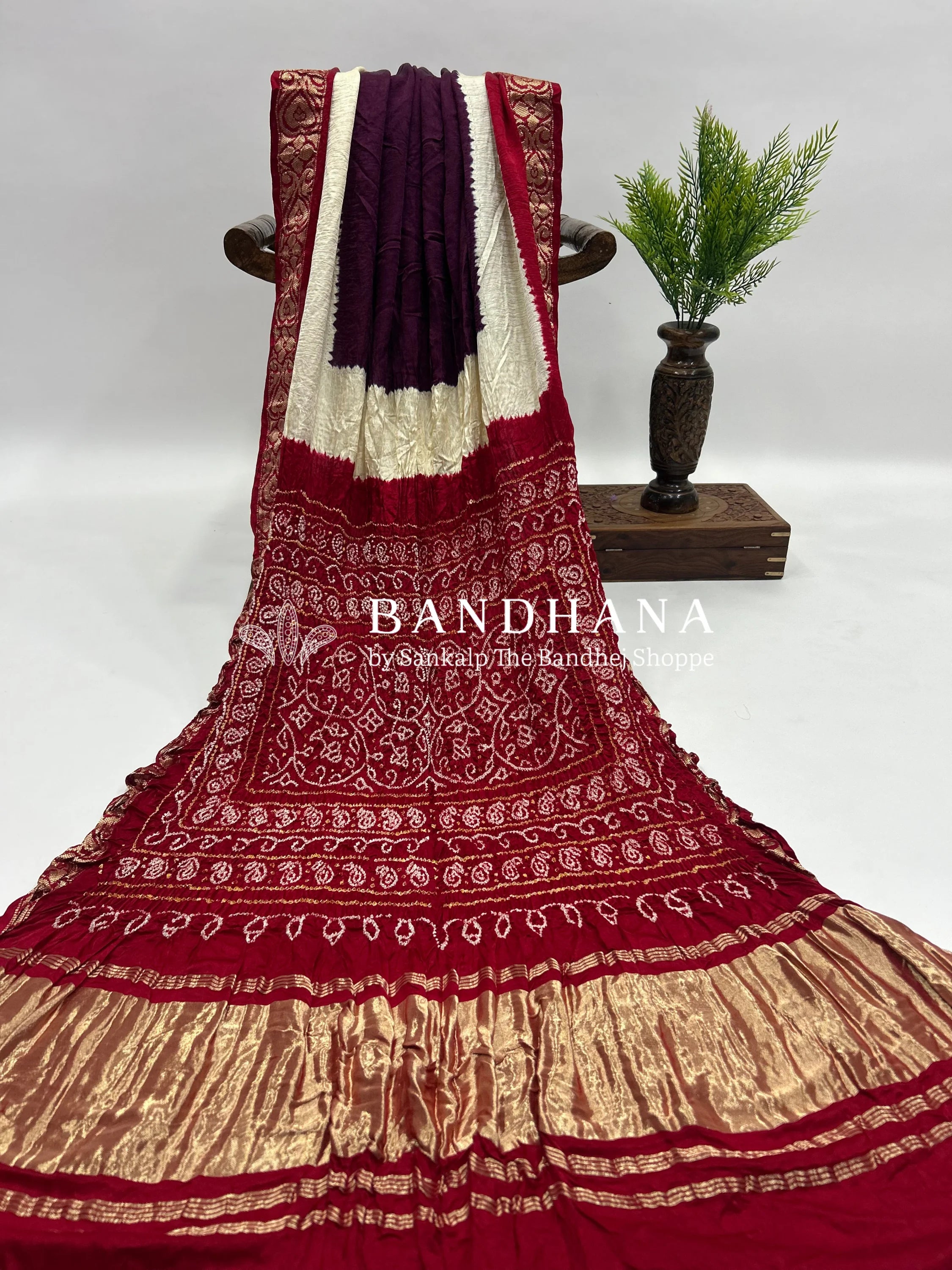 Wine- Maroon Gajji Silk Designer Gala Saree with 3 Colour Dying maroon / Gajji Silk Sarees