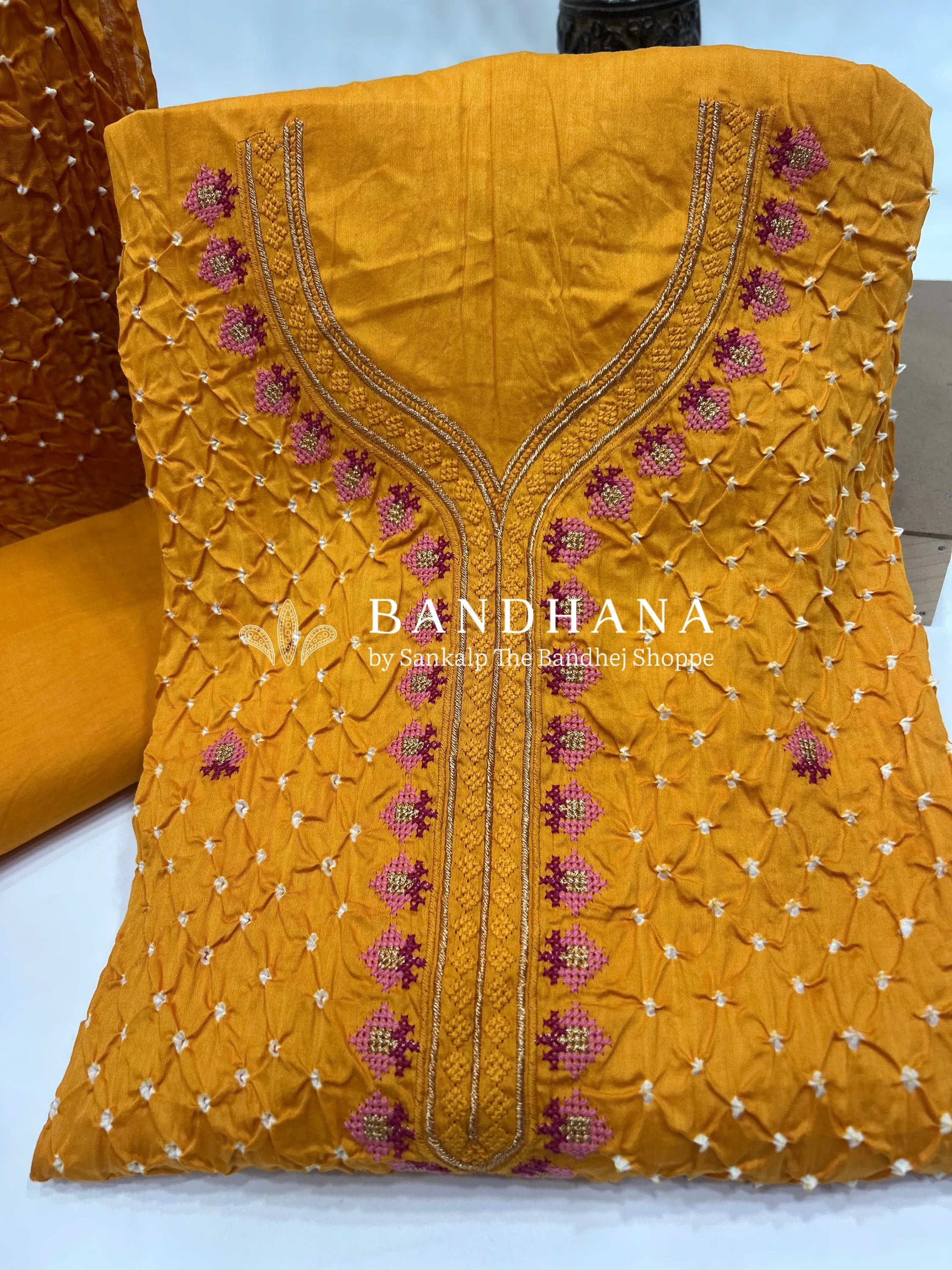 Yellow Cotton Work Bandhani Dress Material (Unstitched) yellow / Cotton Dresses