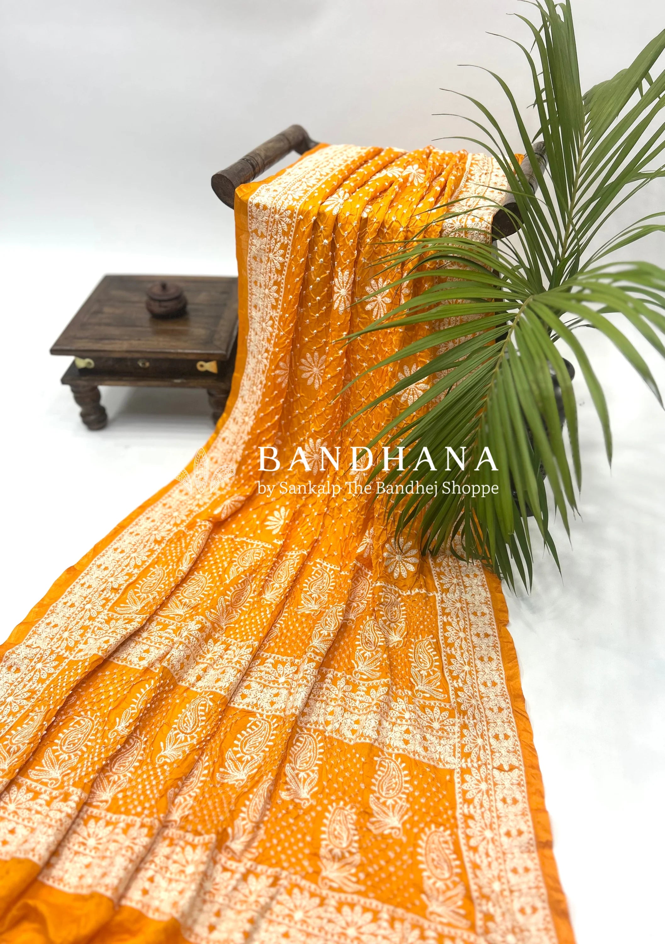 Yellow Gajji Silk Lucknowi Bandhani Saree yellow / Gajji Silk Sarees