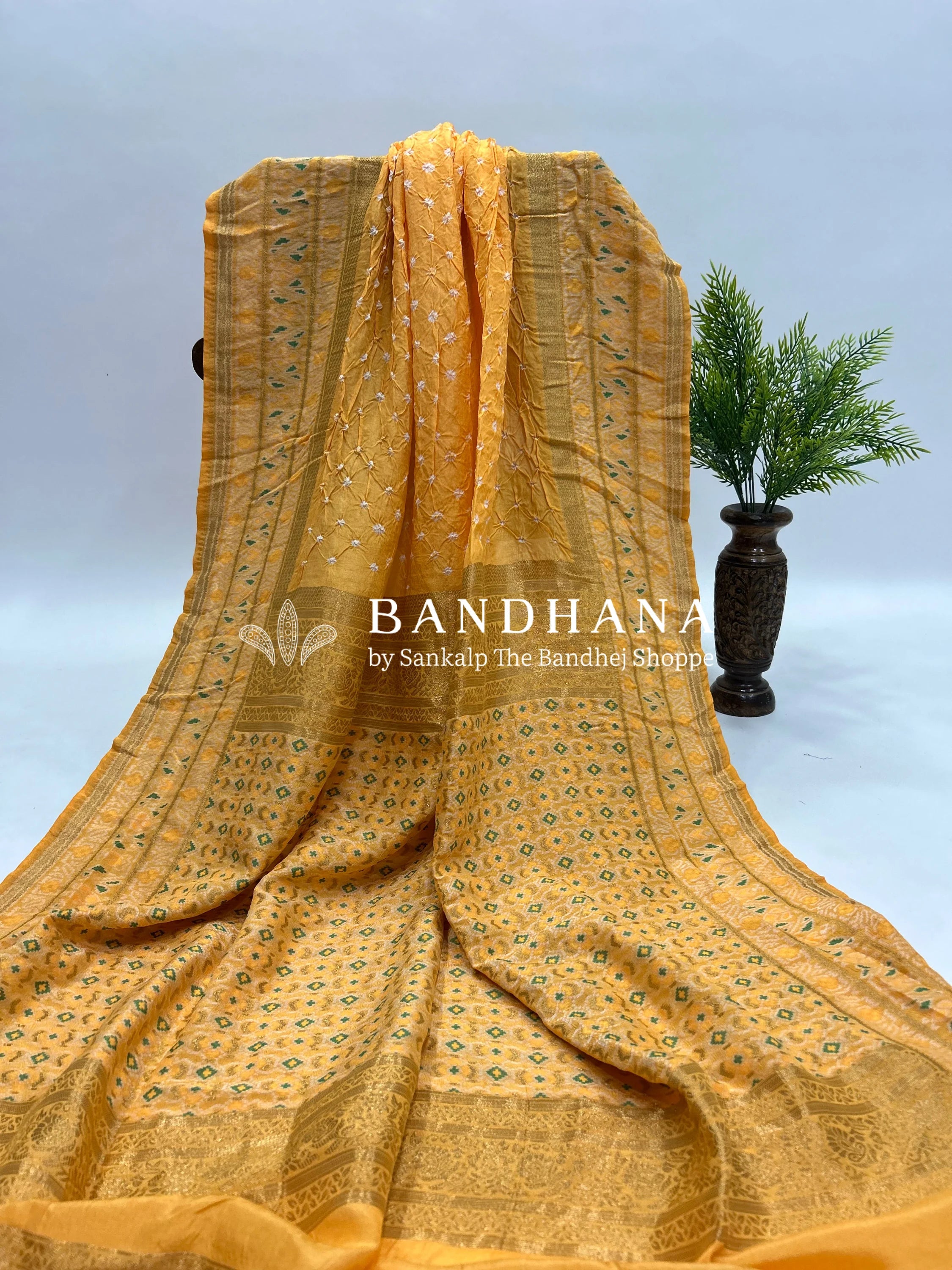 Yellow Malai Silk Single Dot Bandhani Saree yellow / Malai Silk Sarees