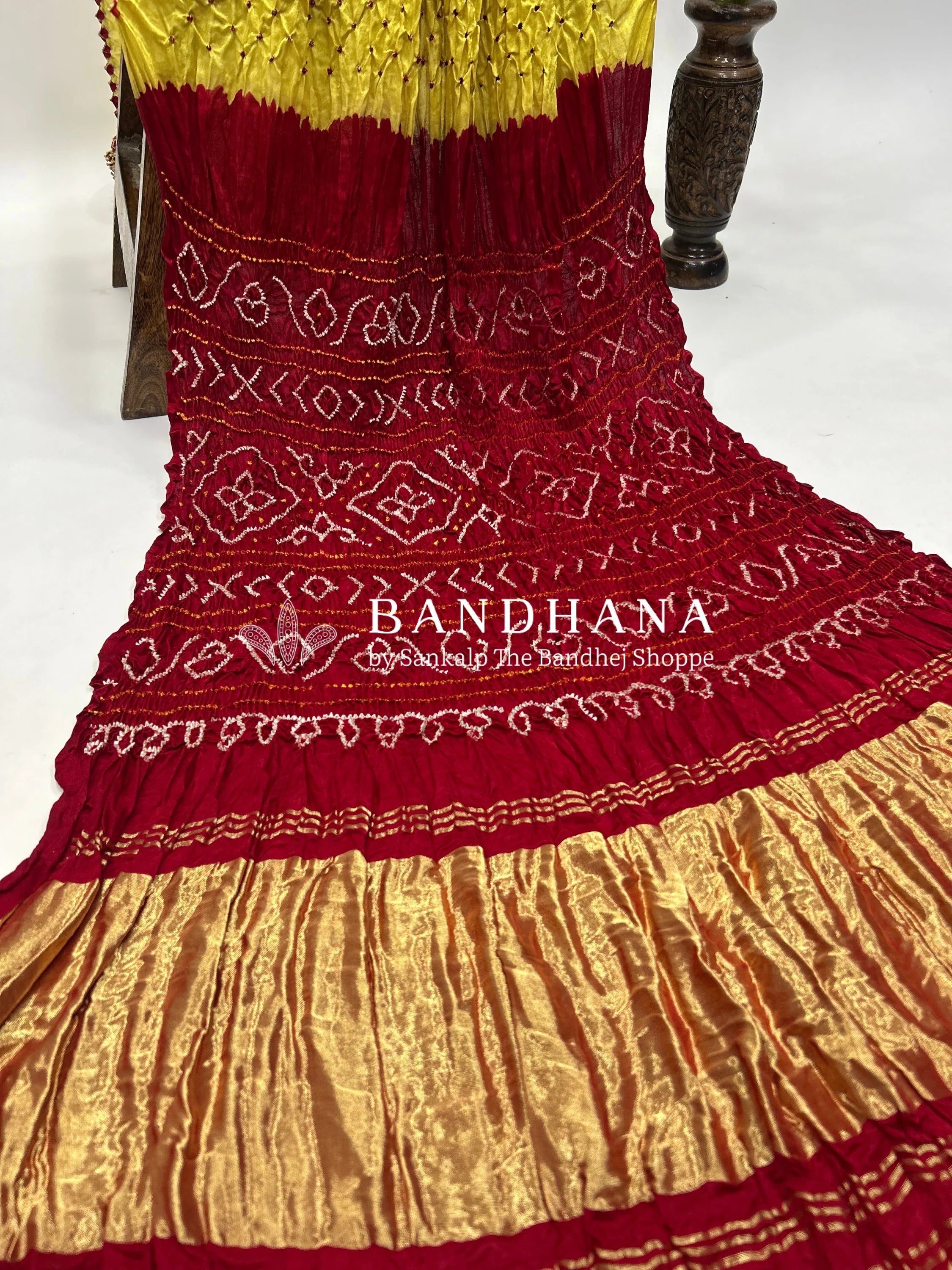 Yellow Maroon Gajji Silk Contrast Colour Bandhej Single Dot Bandhani Saree Sarees