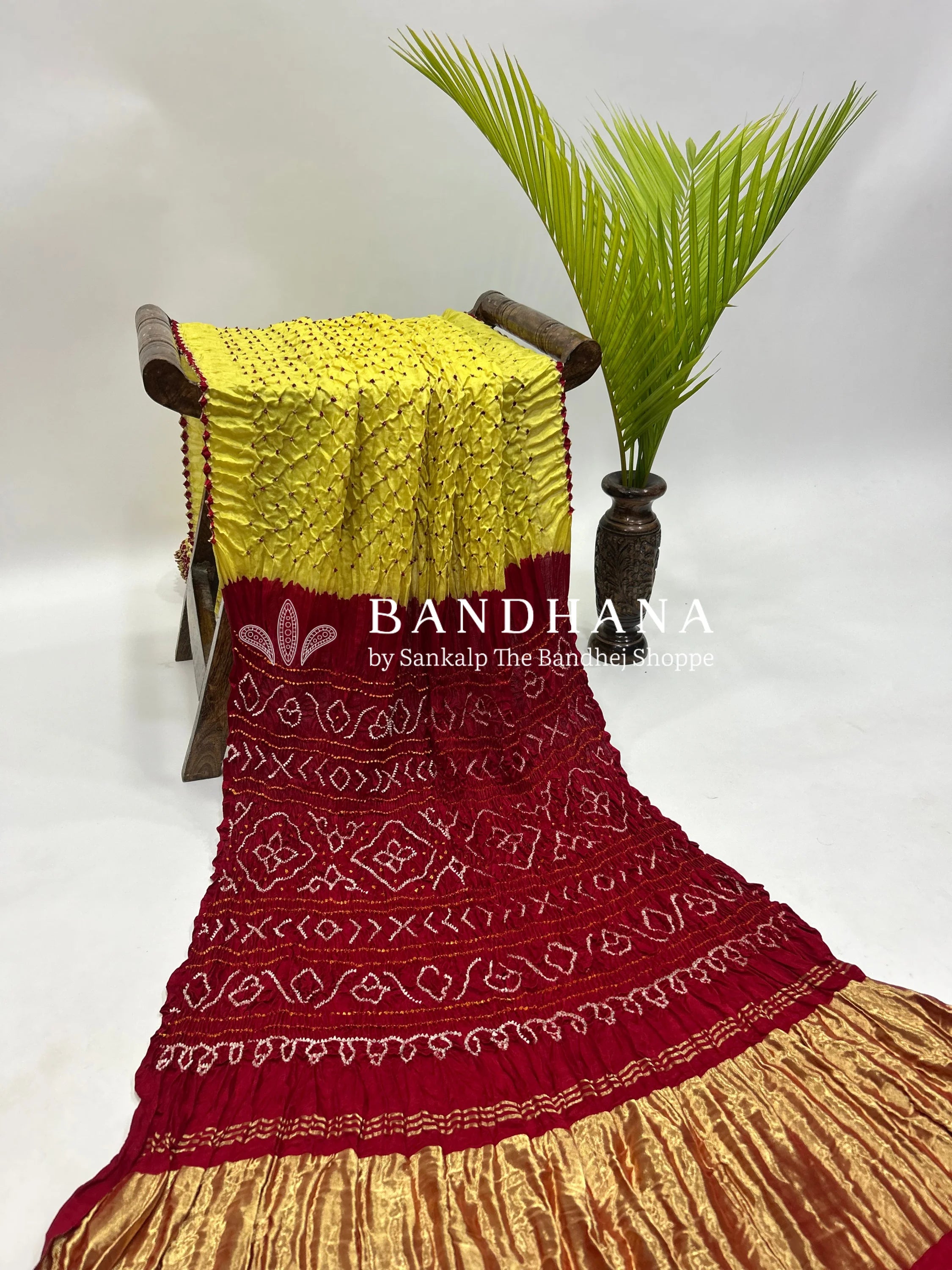 Yellow Maroon Gajji Silk Contrast Colour Bandhej Single Dot Bandhani Saree Sarees