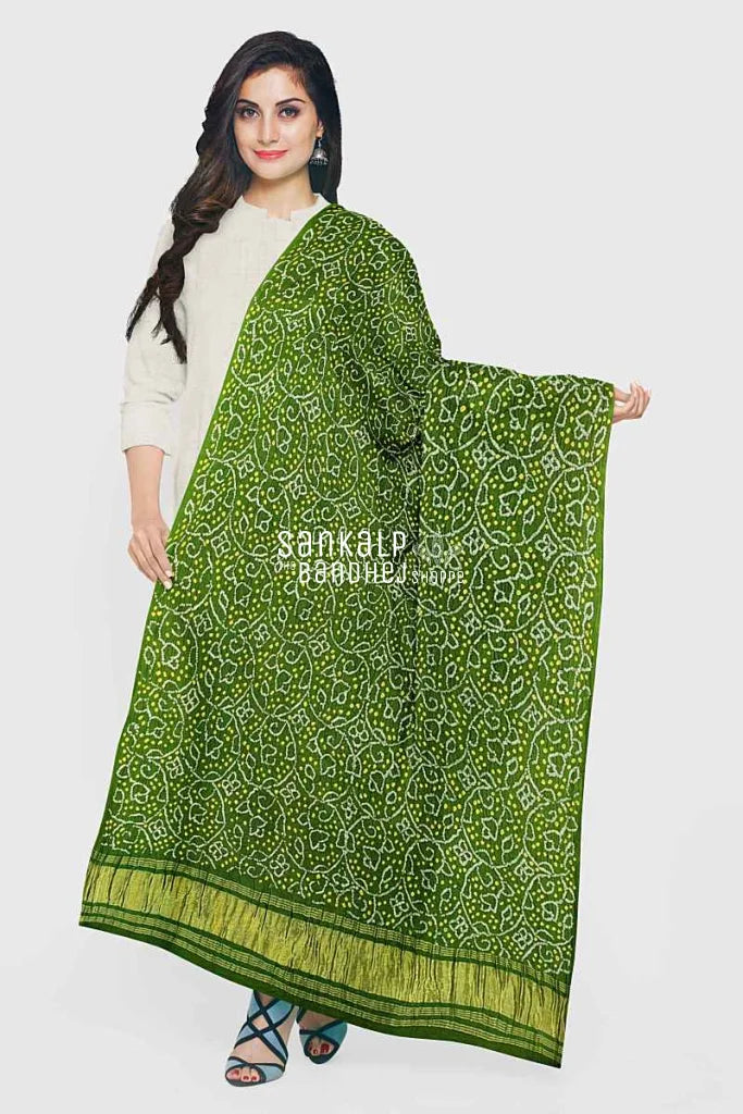 Olive Green Bandhani Dupatta In Gajji Fabric With Shikari Pattern 