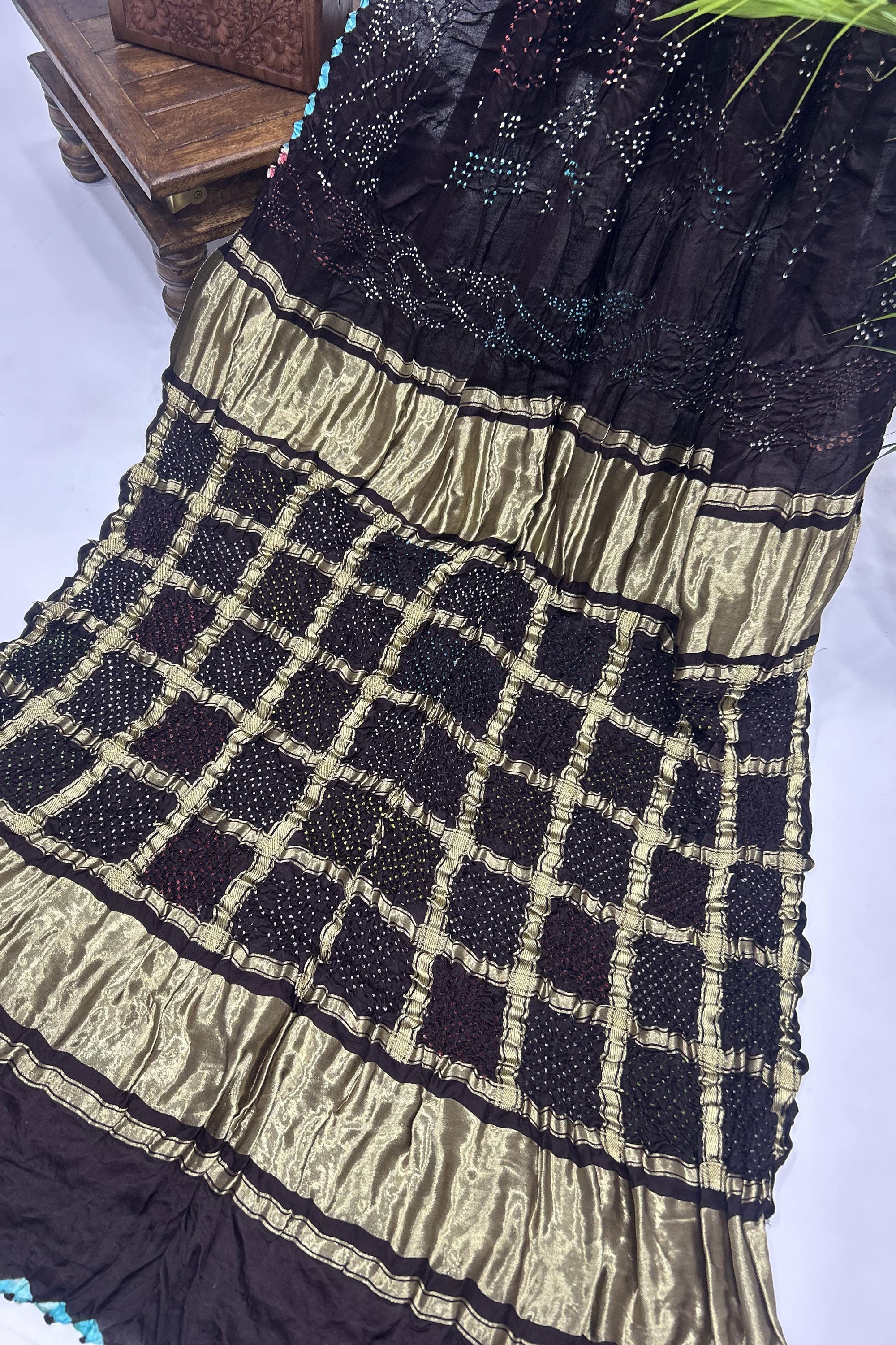 Mutli Brown Gajji Silk Bhati Designer Bandhani Saree Sarees
