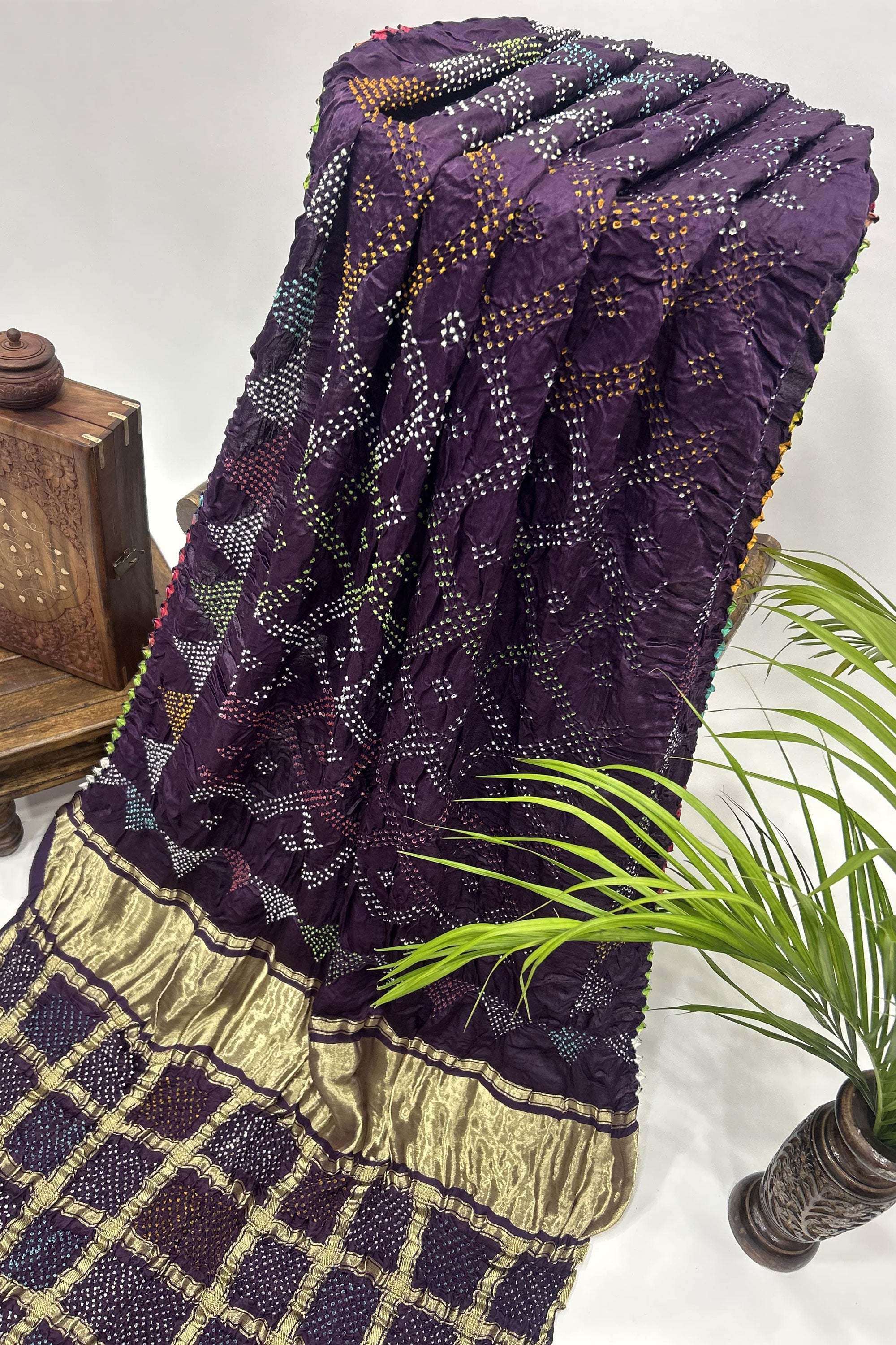 Mutli Wine Gajji Silk Bhati Designer Bandhani Saree Sarees