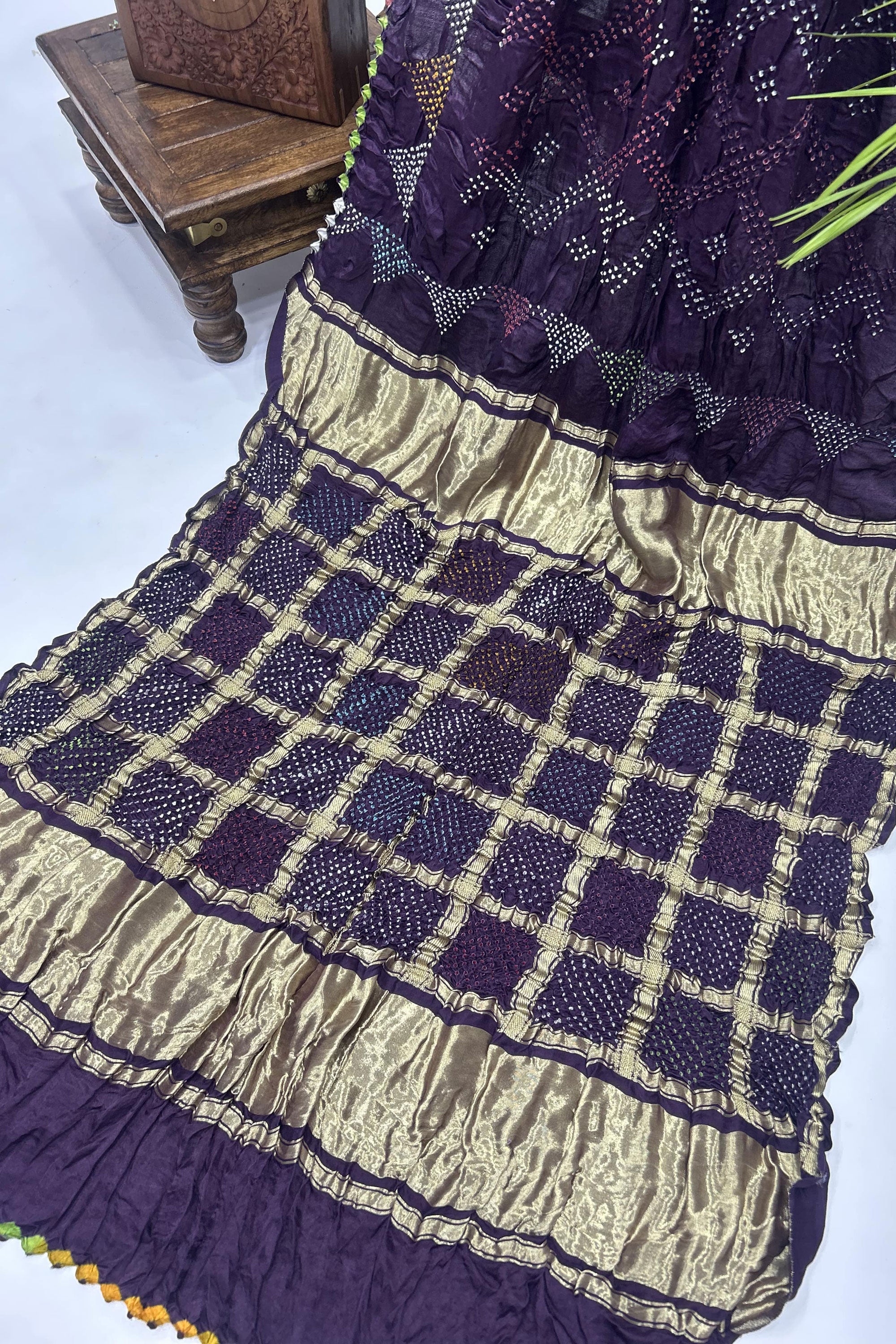 Mutli Wine Gajji Silk Bhati Designer Bandhani Saree Sarees