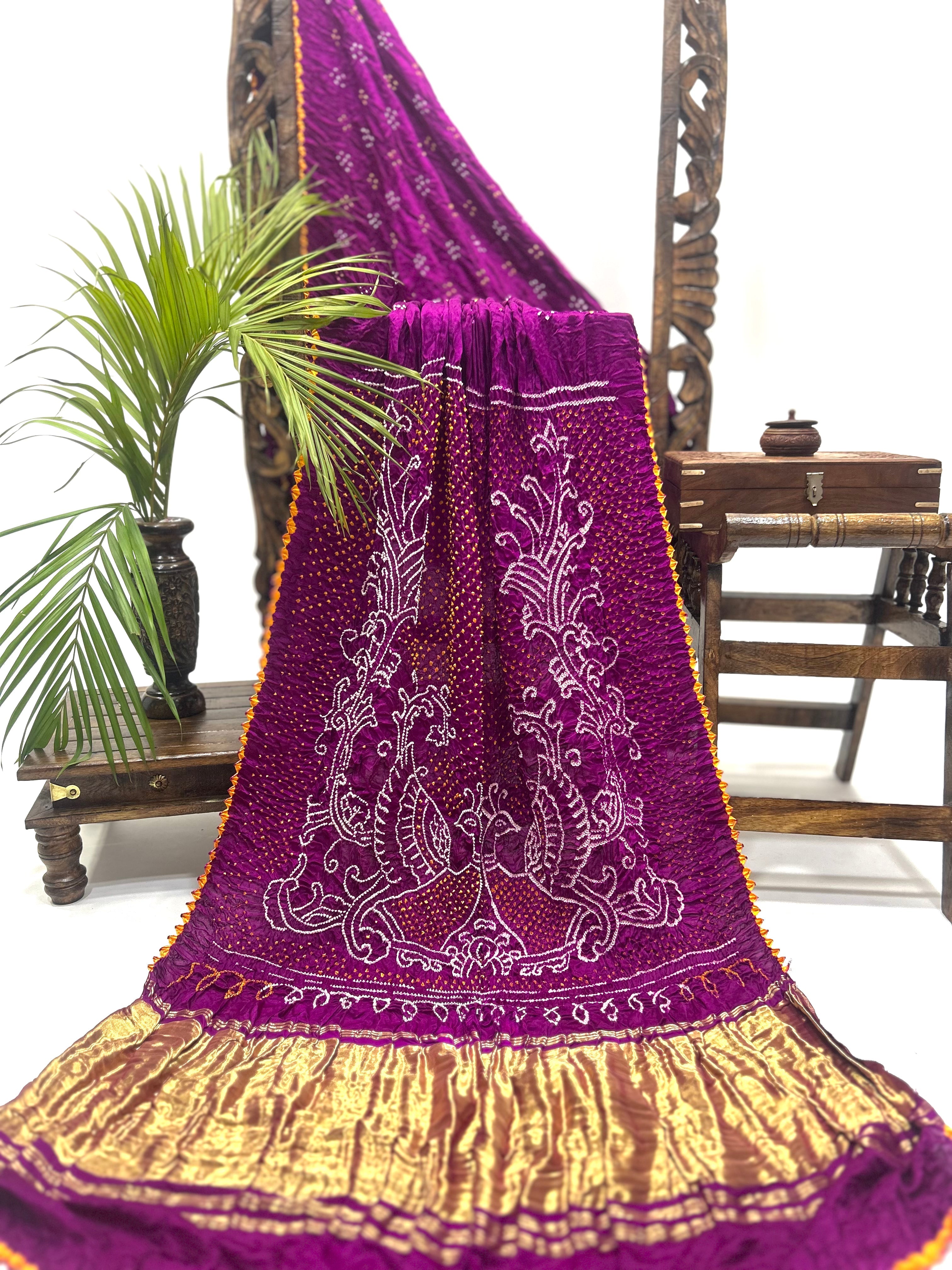 Magenta Mor Palav Gajji Designer Bandhani Saree Sarees