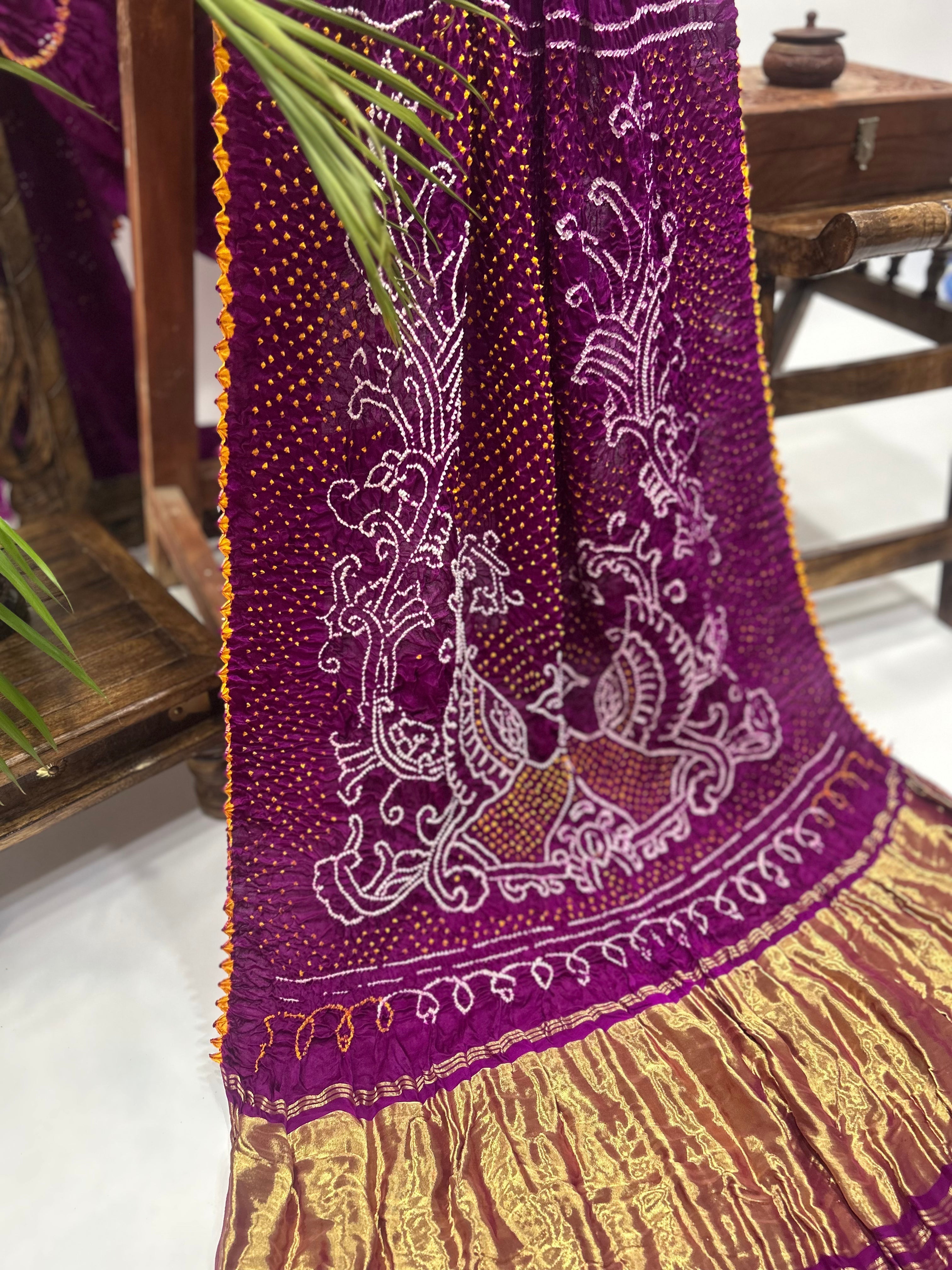 Magenta Mor Palav Gajji Designer Bandhani Saree Sarees