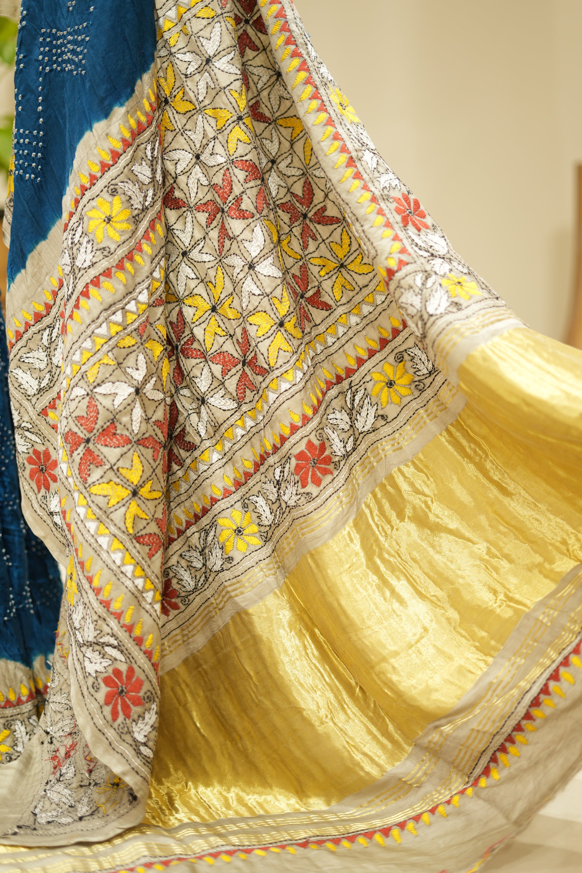 Indigo And Grey Gajii Silk Katha Work Bandhni Saree – Sankalp The ...