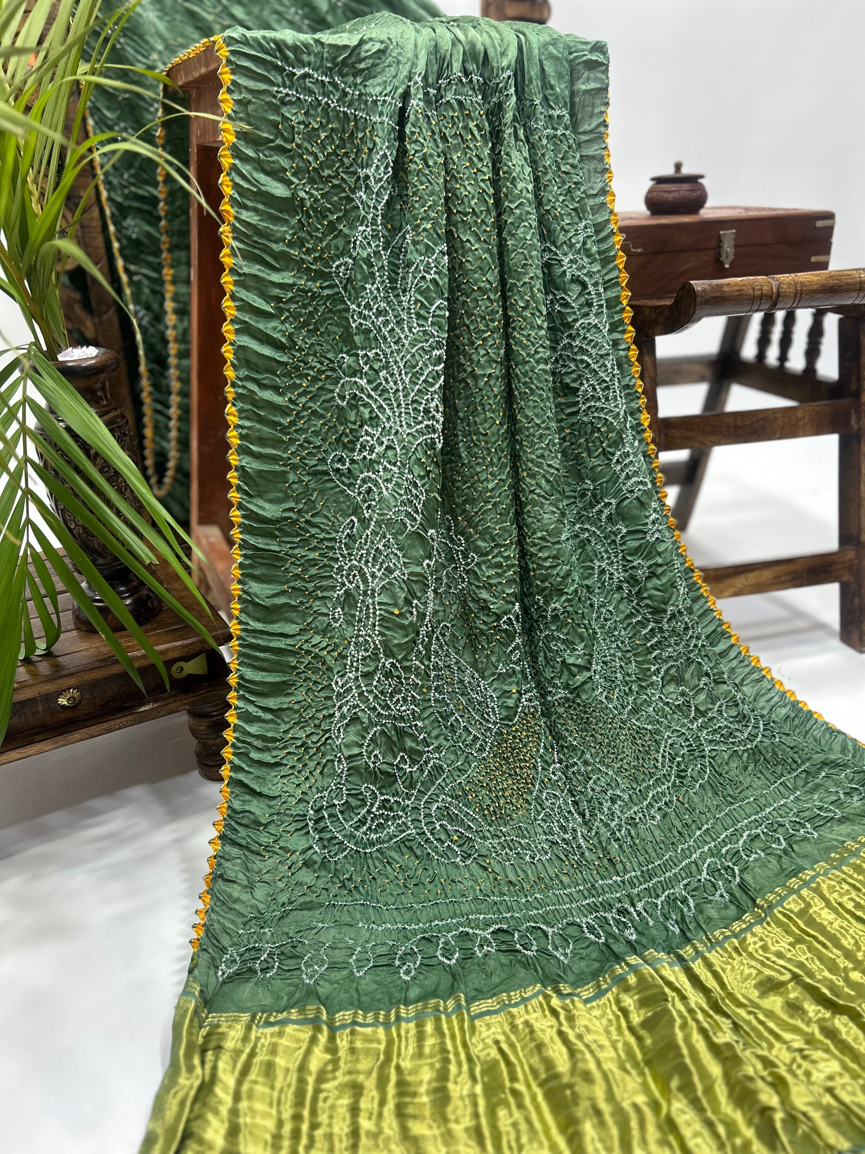 Pista Mor Palav Gajji Designer Bandhani Saree Sarees