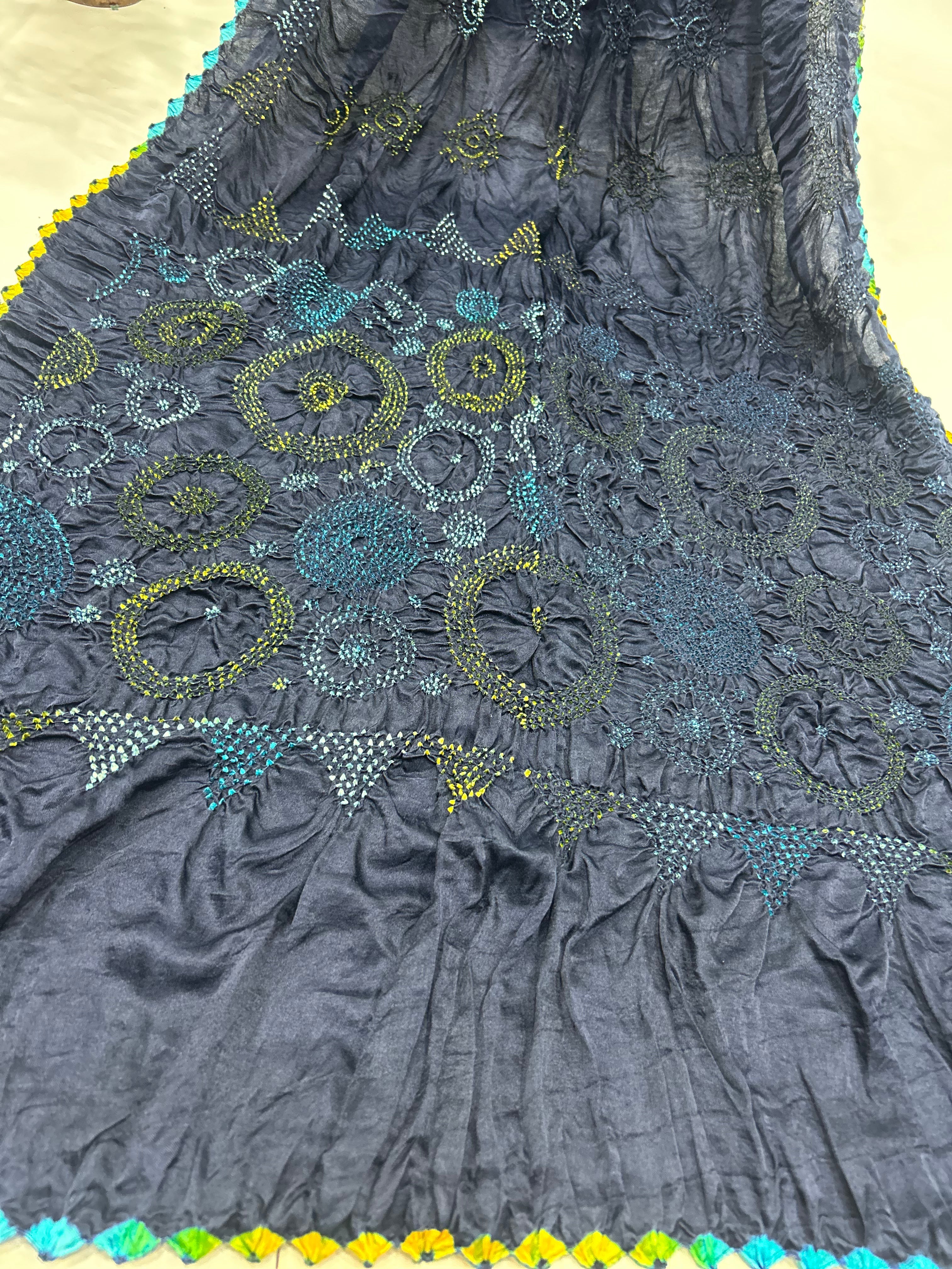 Mutli Navy Blue Gajji Silk Bhati Designer Bandhani Saree Sarees