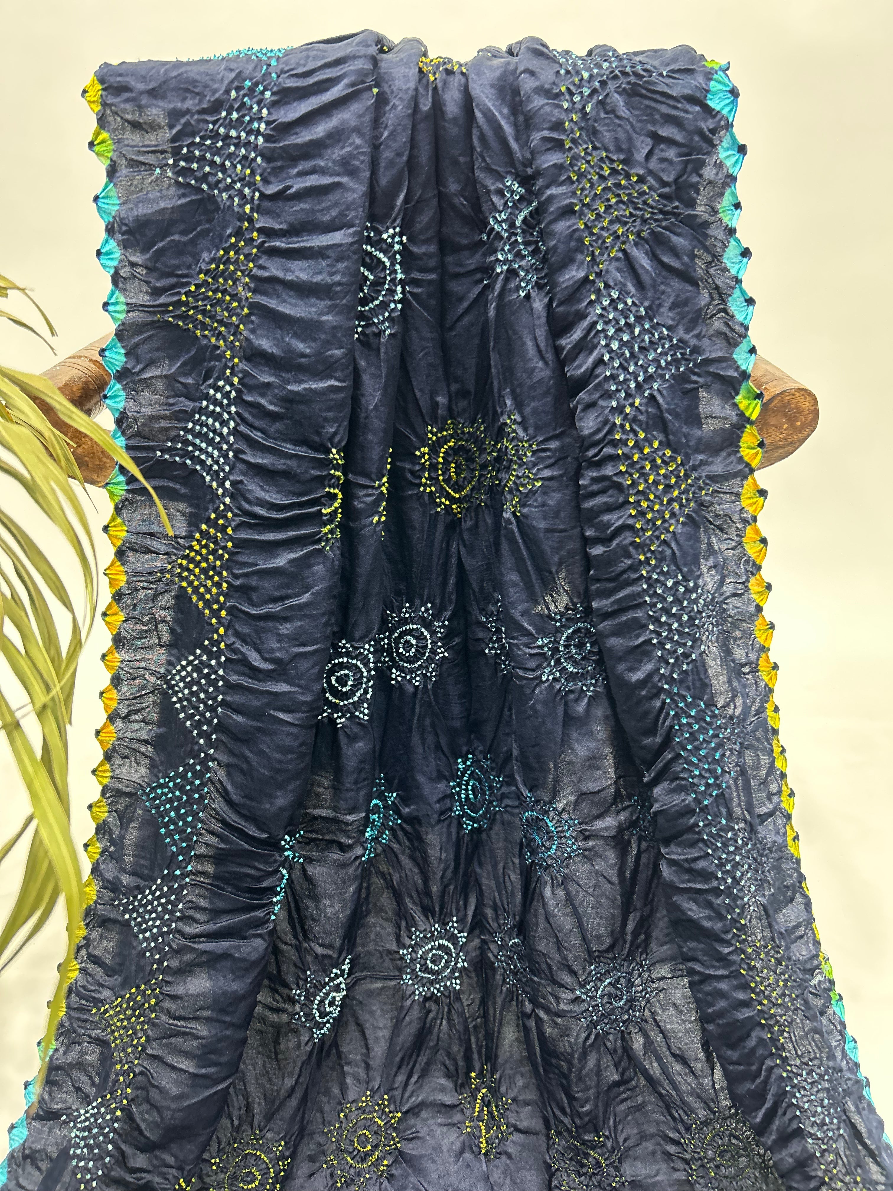 Mutli Navy Blue Gajji Silk Bhati Designer Bandhani Saree Sarees