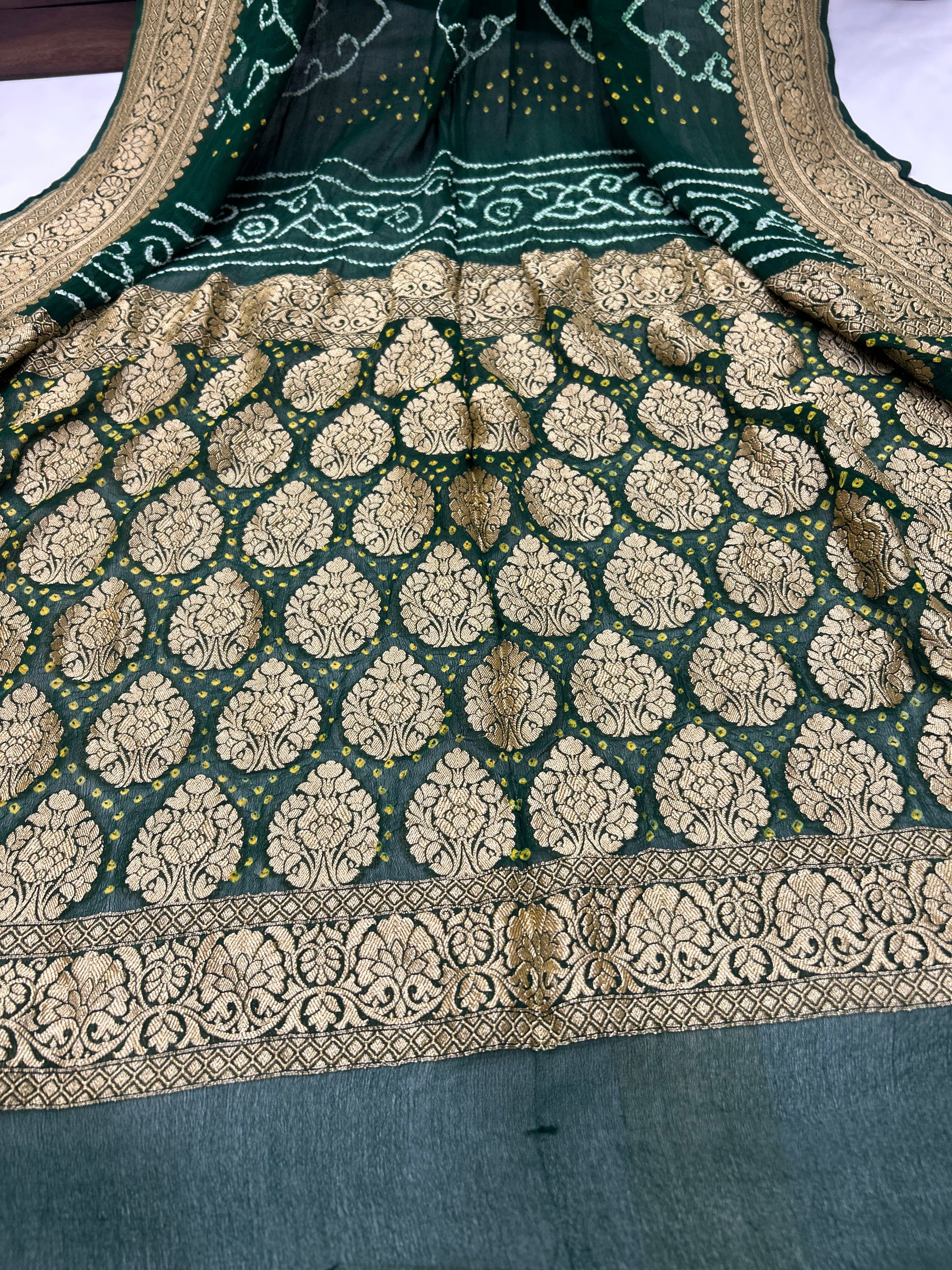 Green Georgette Bananrasi All Over Rai Bandhani Saree Sarees