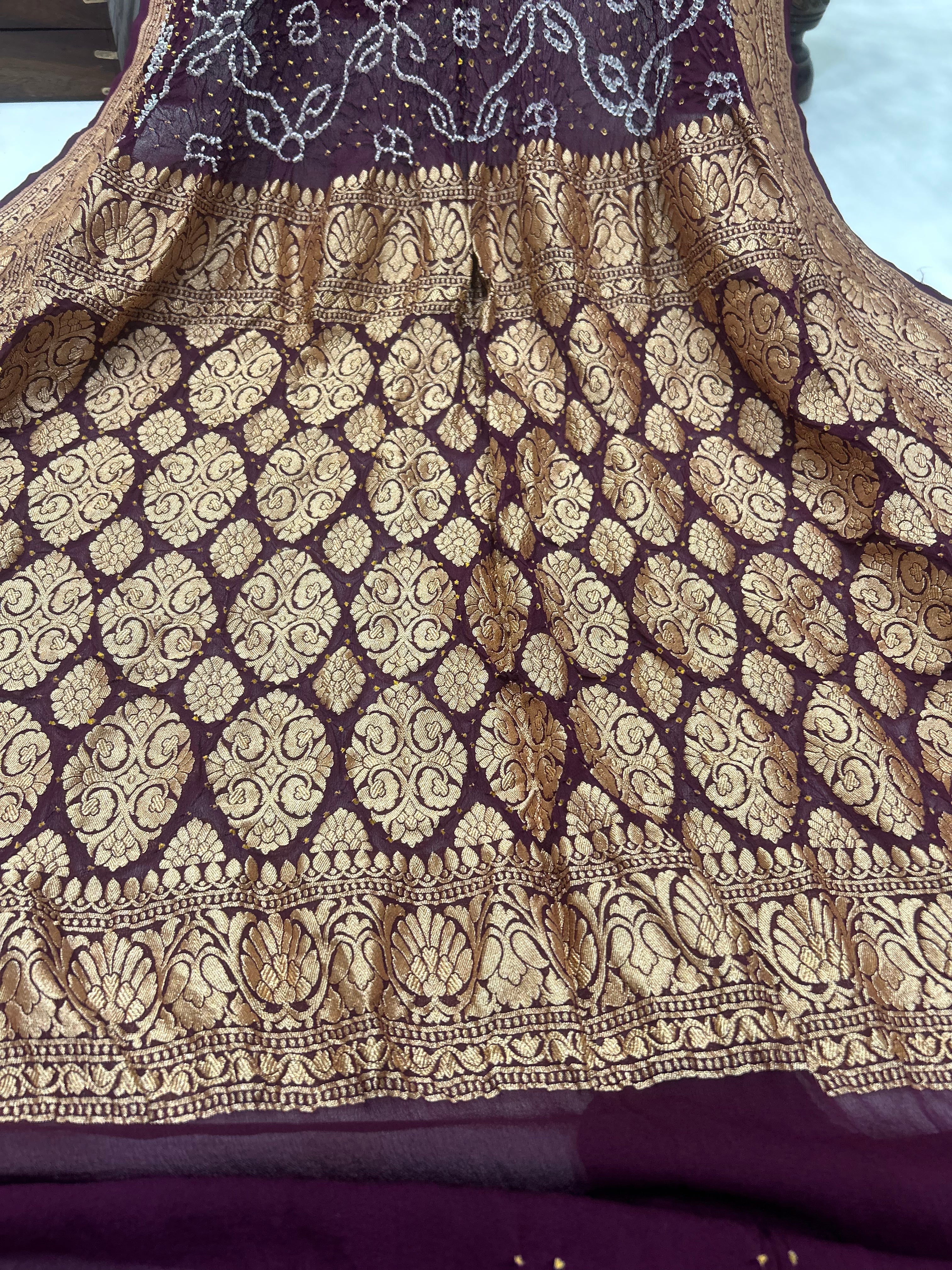 Wine Georgette Bananrasi All Over Rai Bandhani Saree Sarees