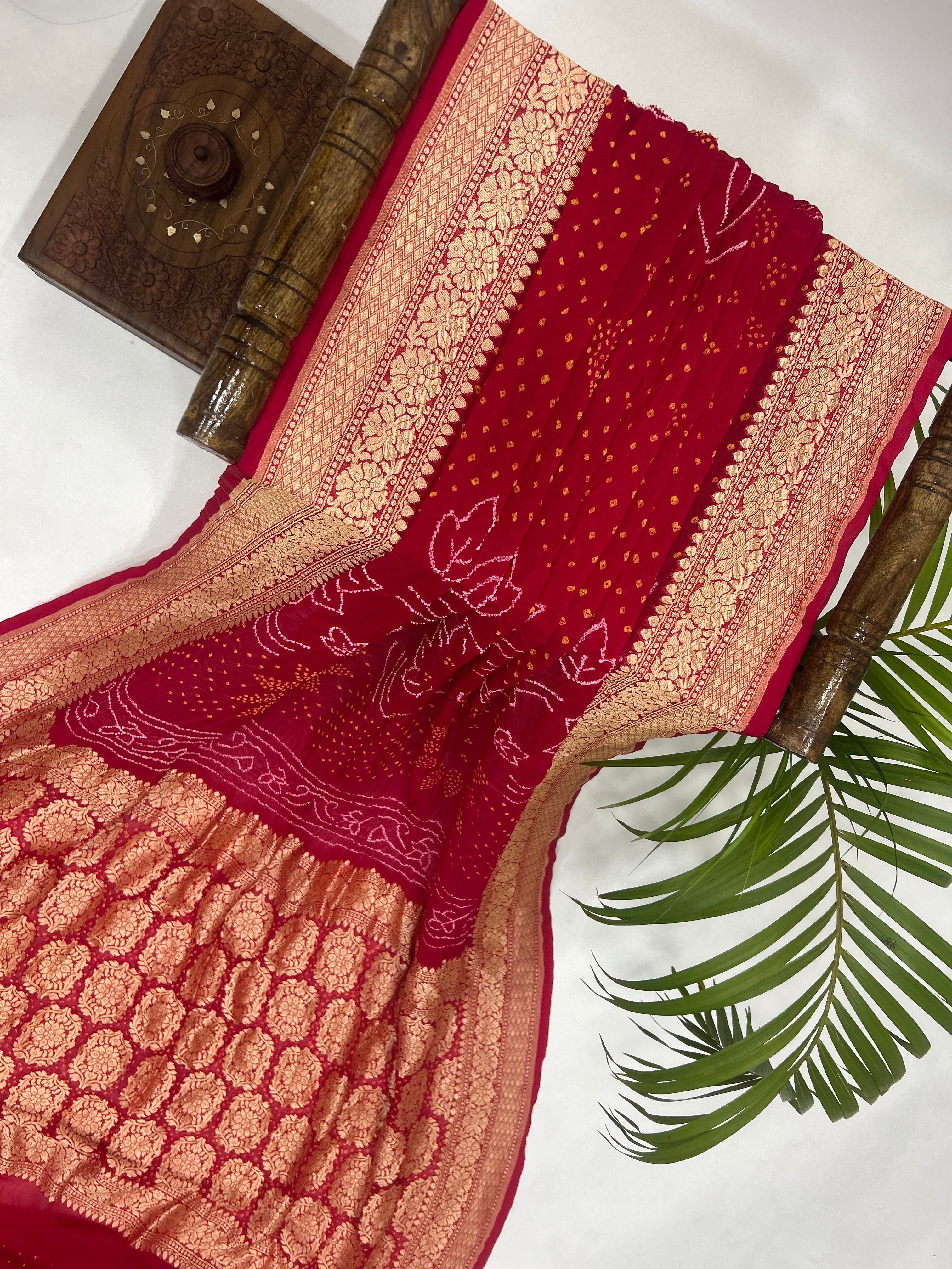 Strawberry Pink Georgette Bananrasi All Over Rai Bandhani Saree Sarees