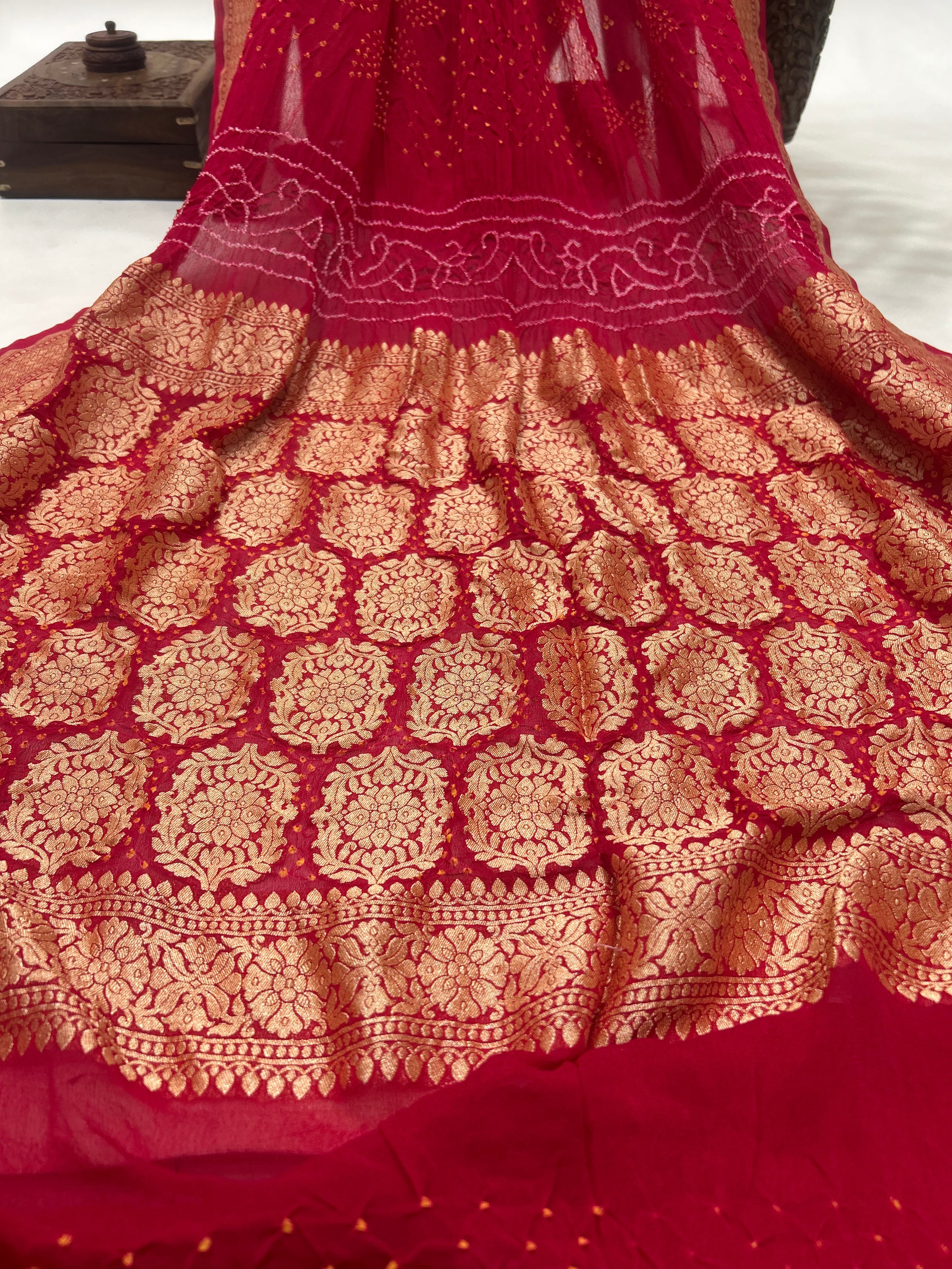 Strawberry Pink Georgette Bananrasi All Over Rai Bandhani Saree Sarees