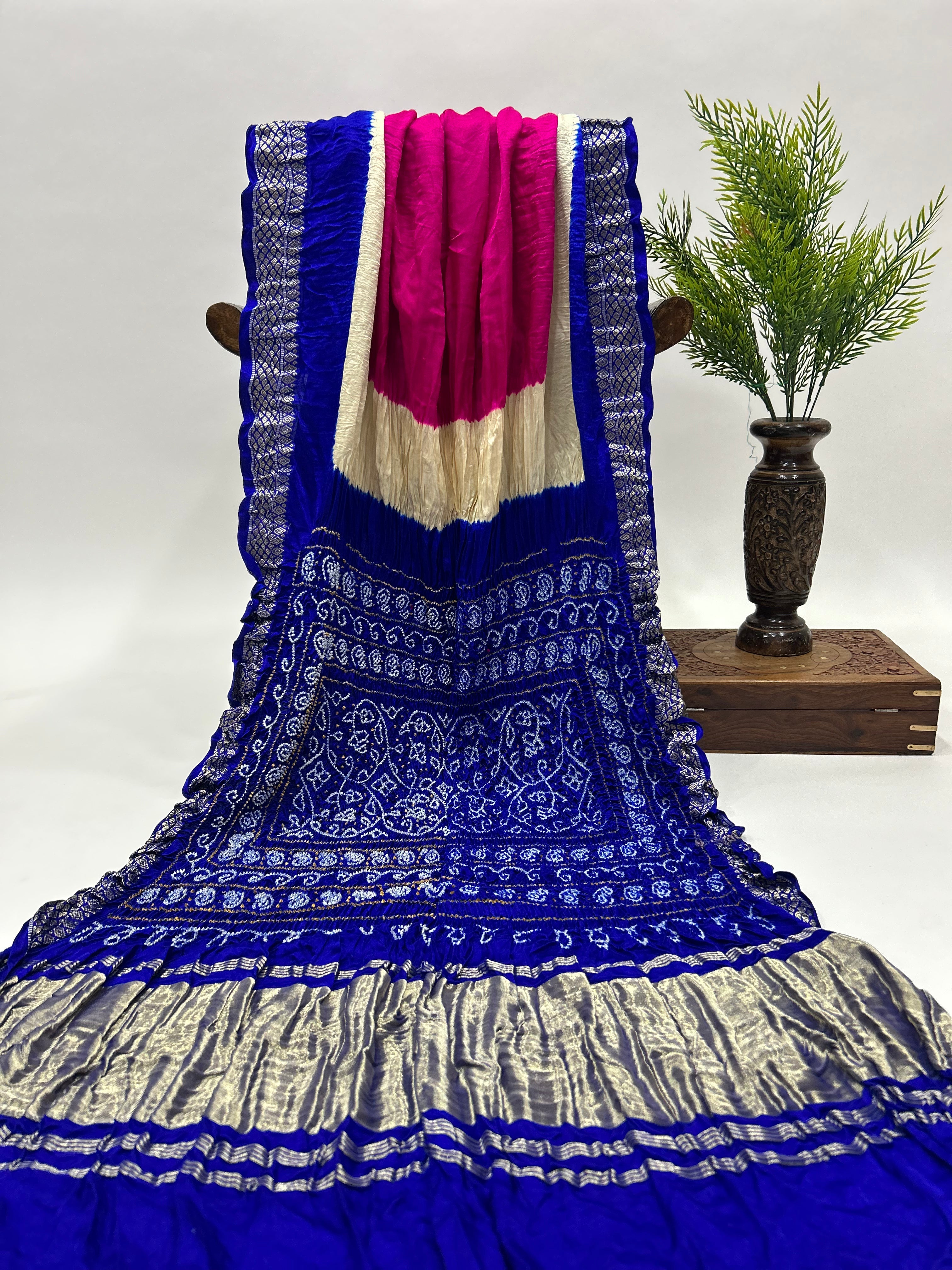 Rani-Blue Gajji Silk Designer Gala Saree with 3 Colour Dying blue / Gajji Silk Sarees