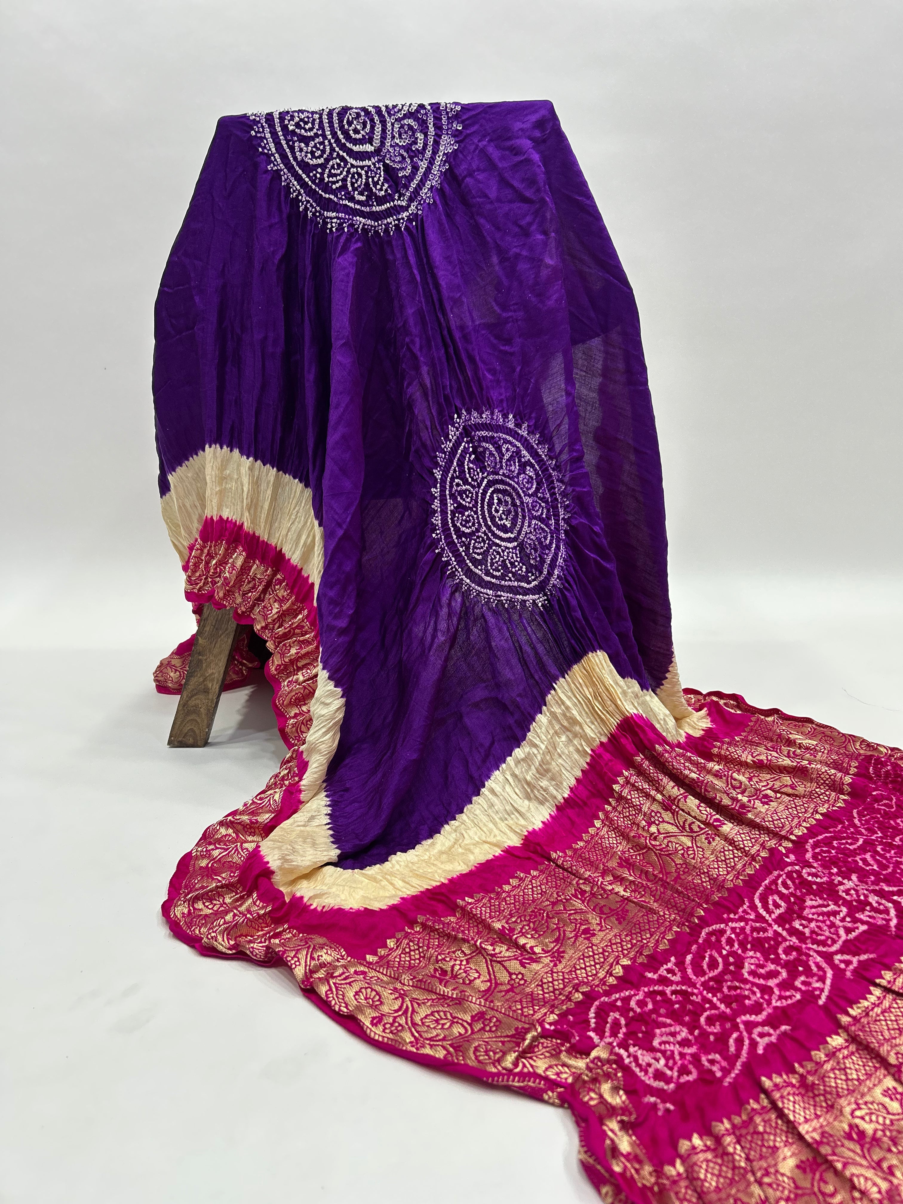 Purple-Rani Gajji Silk Designer Gala Dupatta With 3 Colour Dying purple / Gajji Silk Dupattas