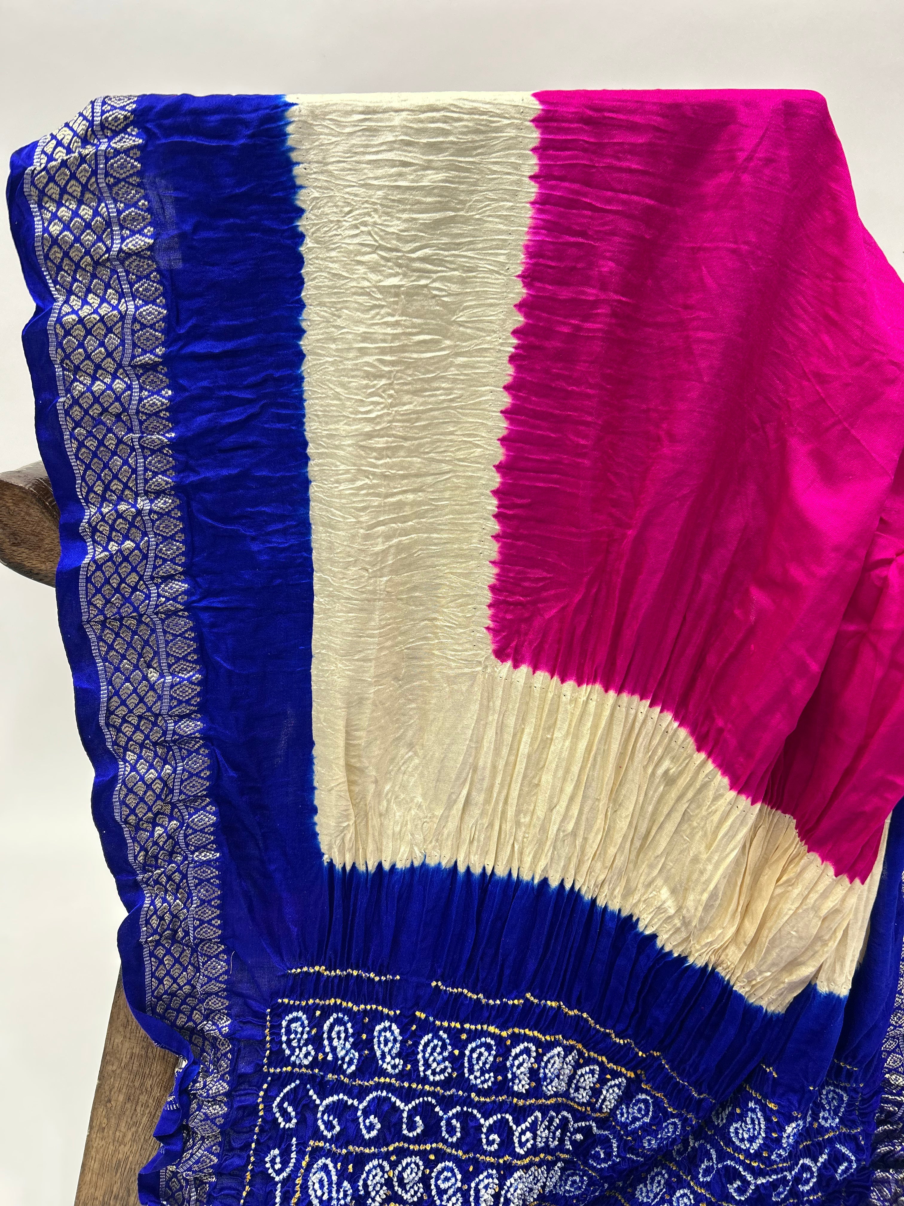 Rani-Blue Gajji Silk Designer Gala Saree with 3 Colour Dying blue / Gajji Silk Sarees