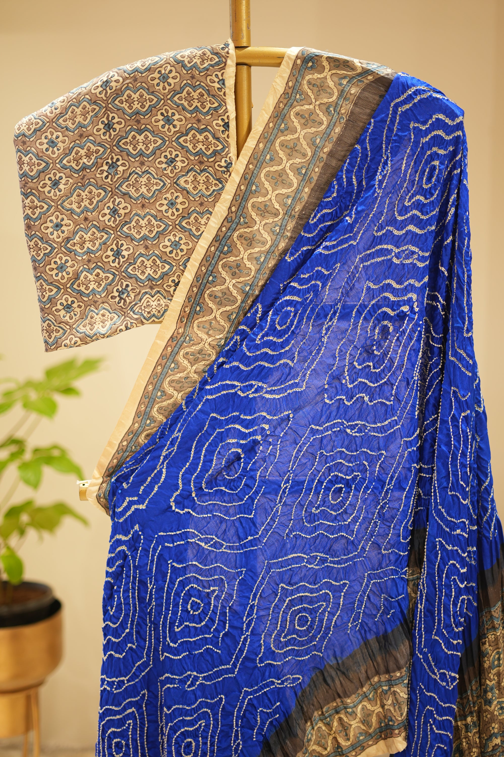 Royal Blue Gajji Ajrakh Bandhani Saree
