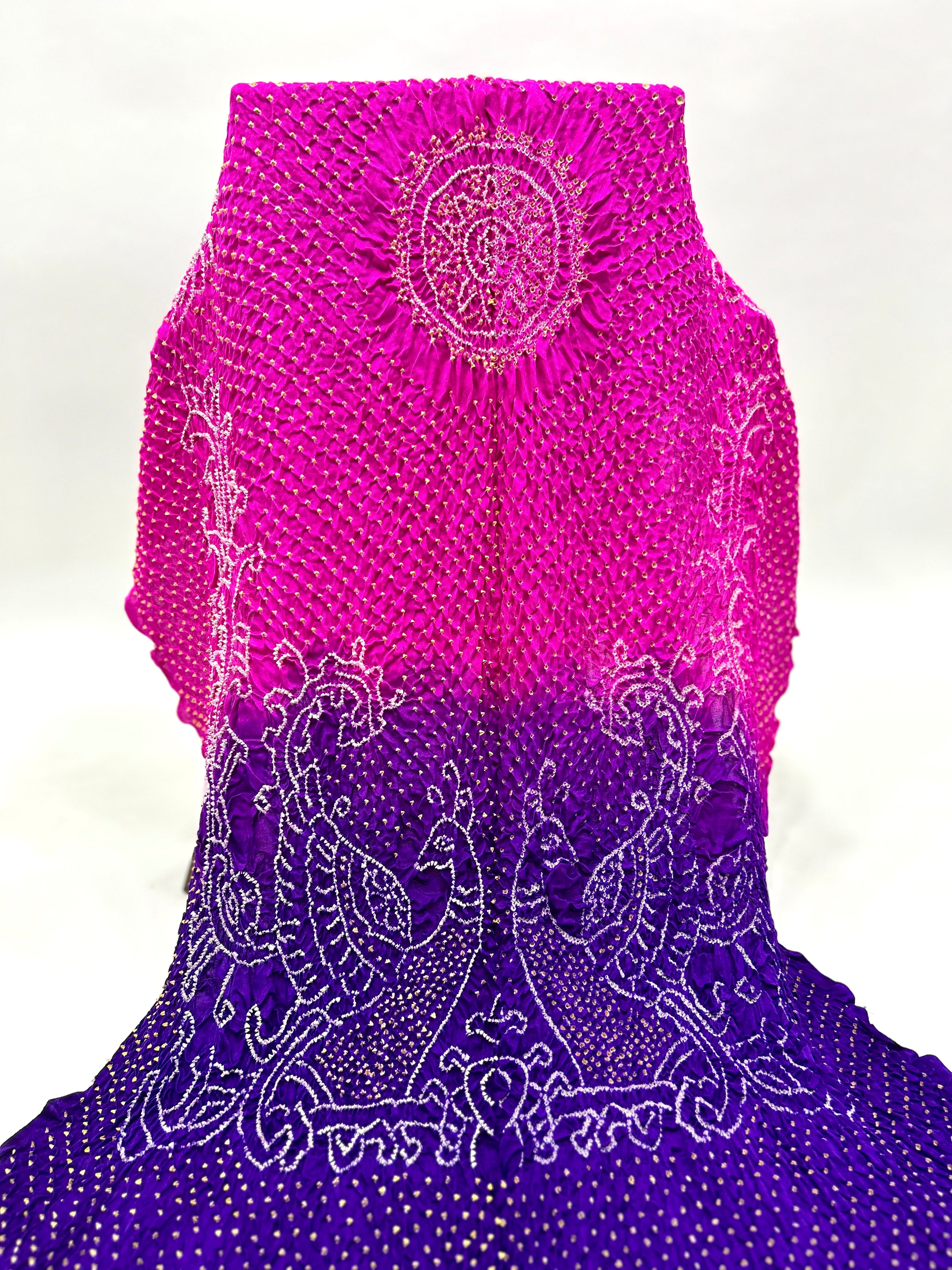 Rani-Purple Gaji Silk Mor Pankh Bandhani Dupatta deeppink / Gajji Silk Dupattas