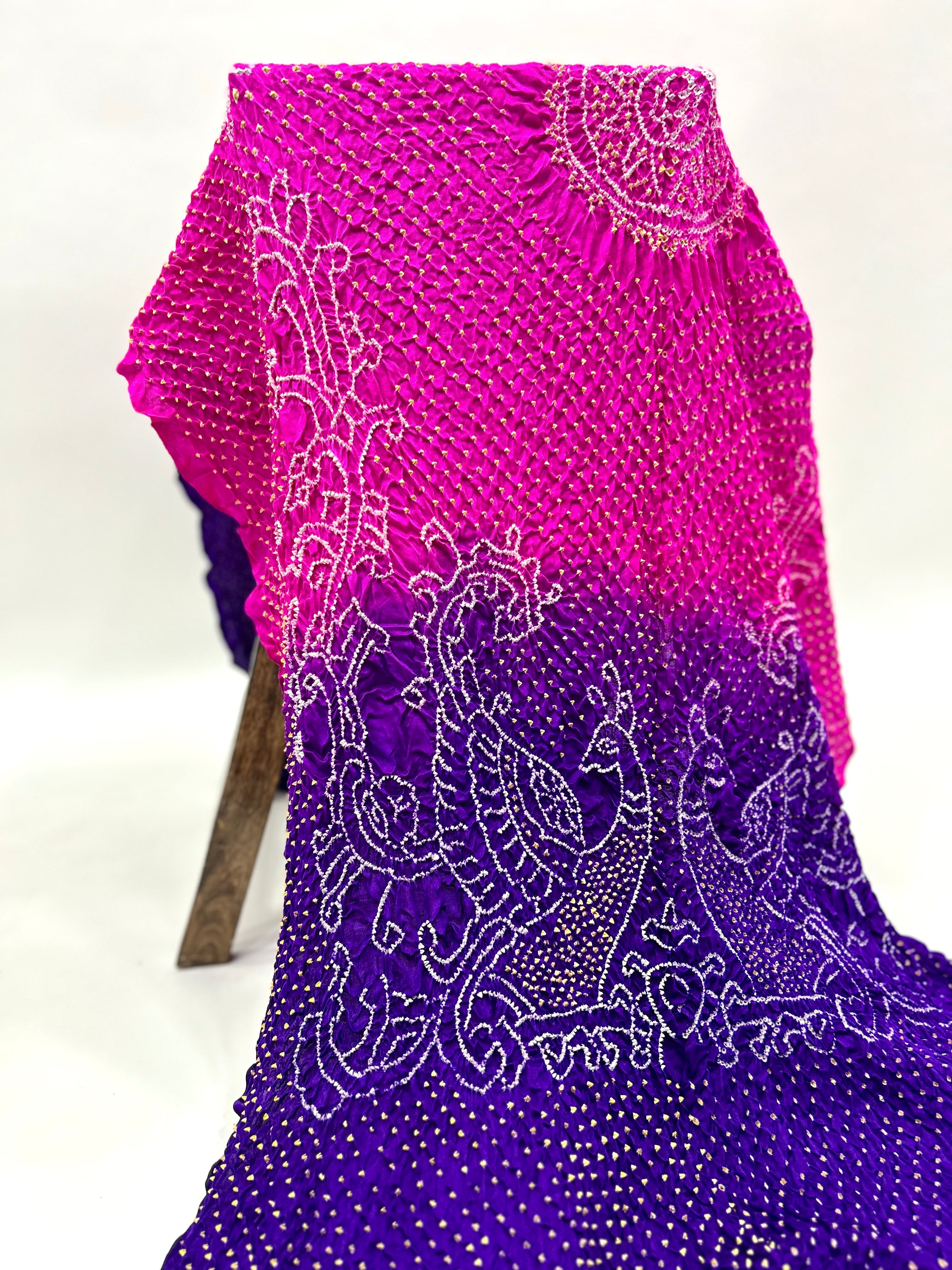 Rani-Purple Gaji Silk Mor Pankh Bandhani Dupatta deeppink / Gajji Silk Dupattas