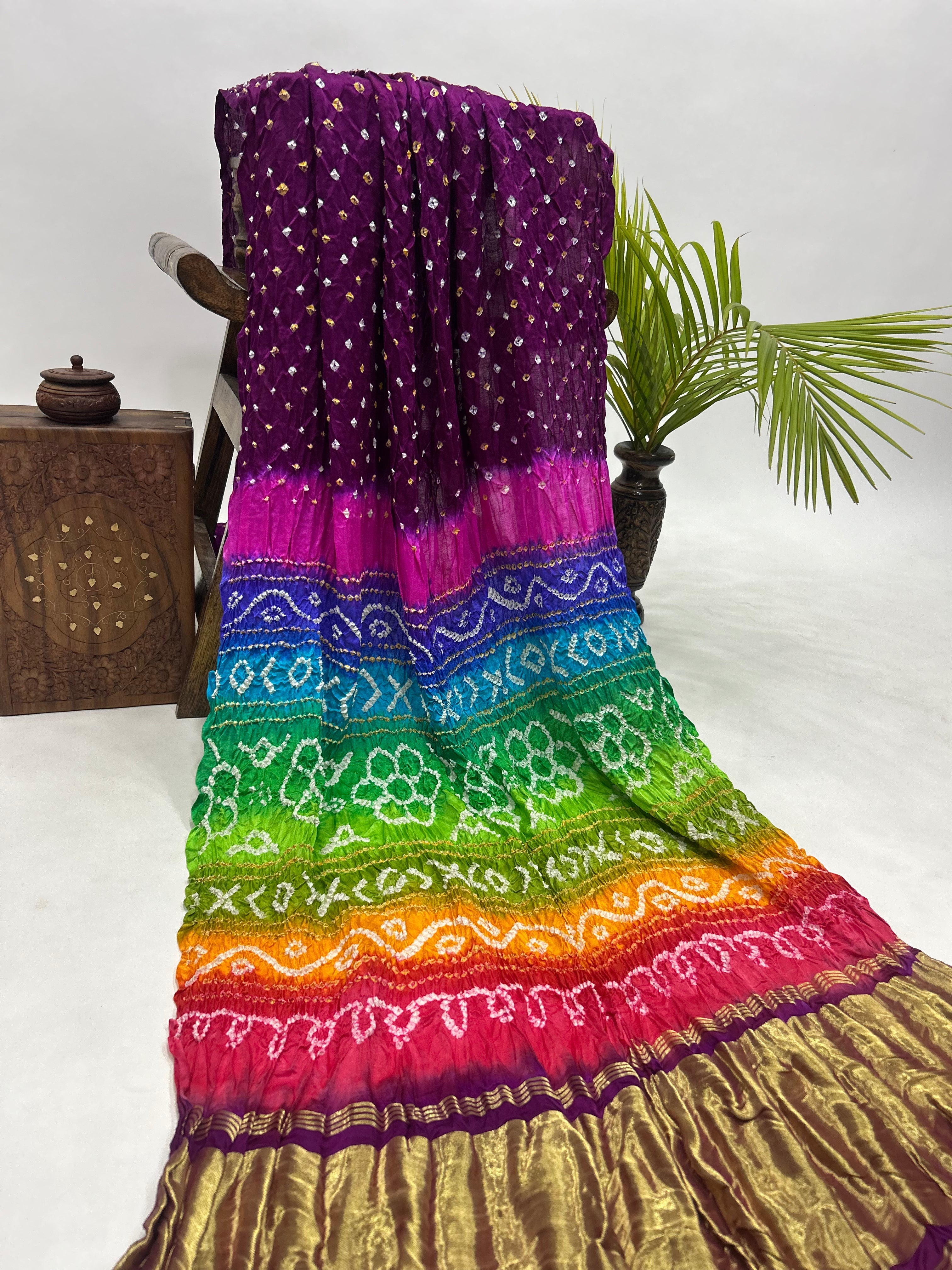 Magenta Multi Colour Palav Gajji Silk Single Dot Bandhani Saree Sarees