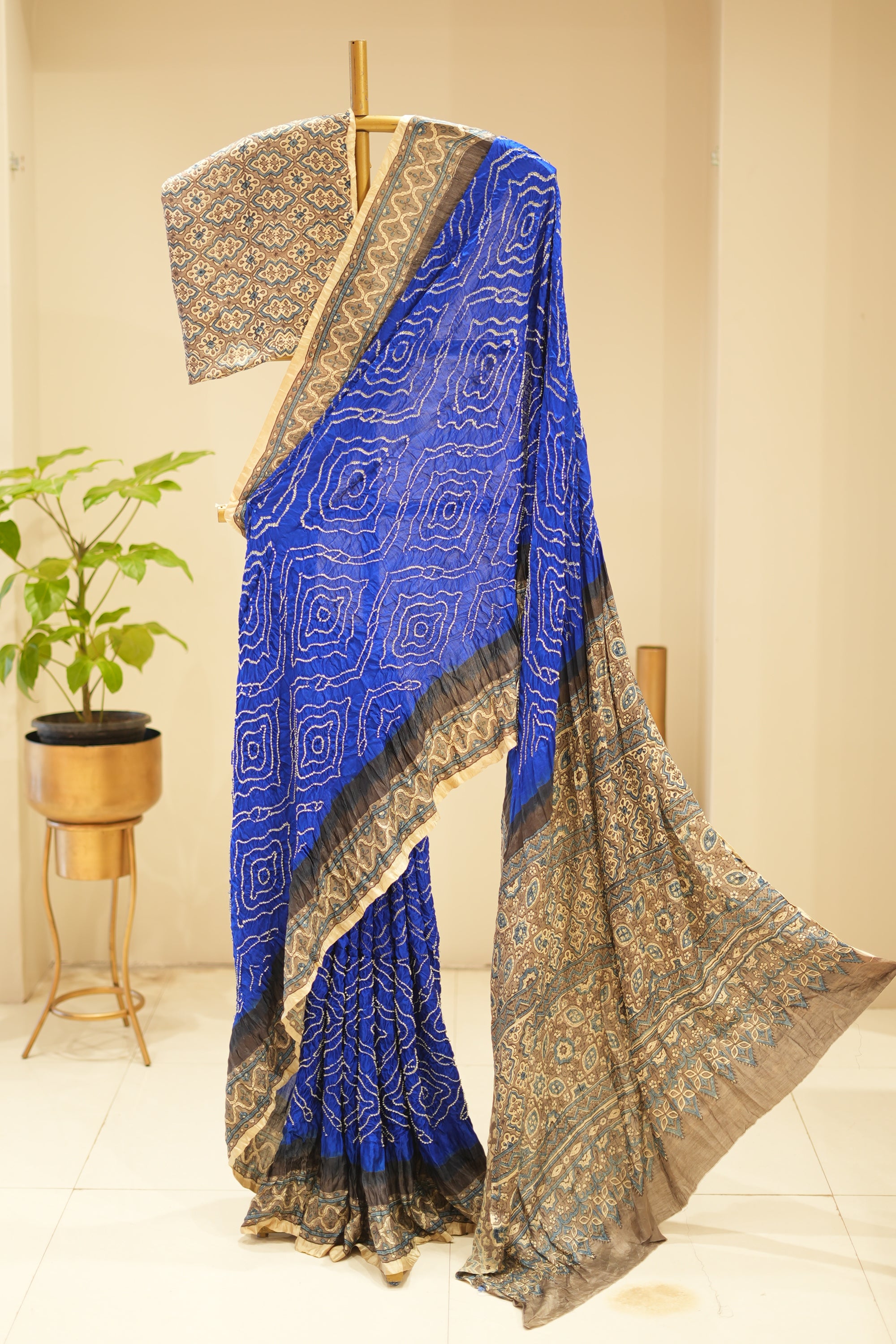 Royal Blue Gajji Ajrakh Bandhani Saree