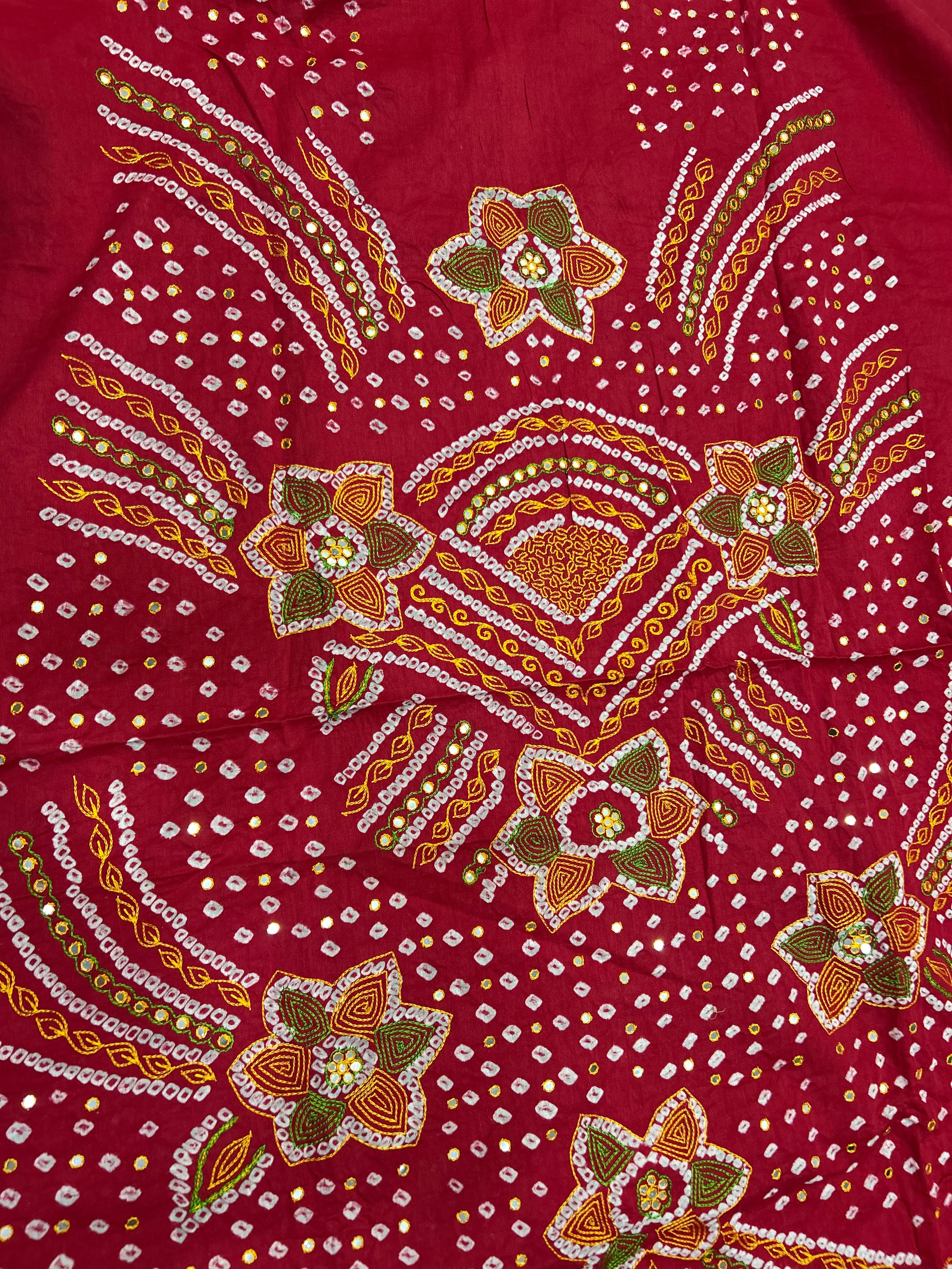 Maroon-Yellow Cotton Fancy Work Bandhani Dress Material maroon / Cotton Dresses