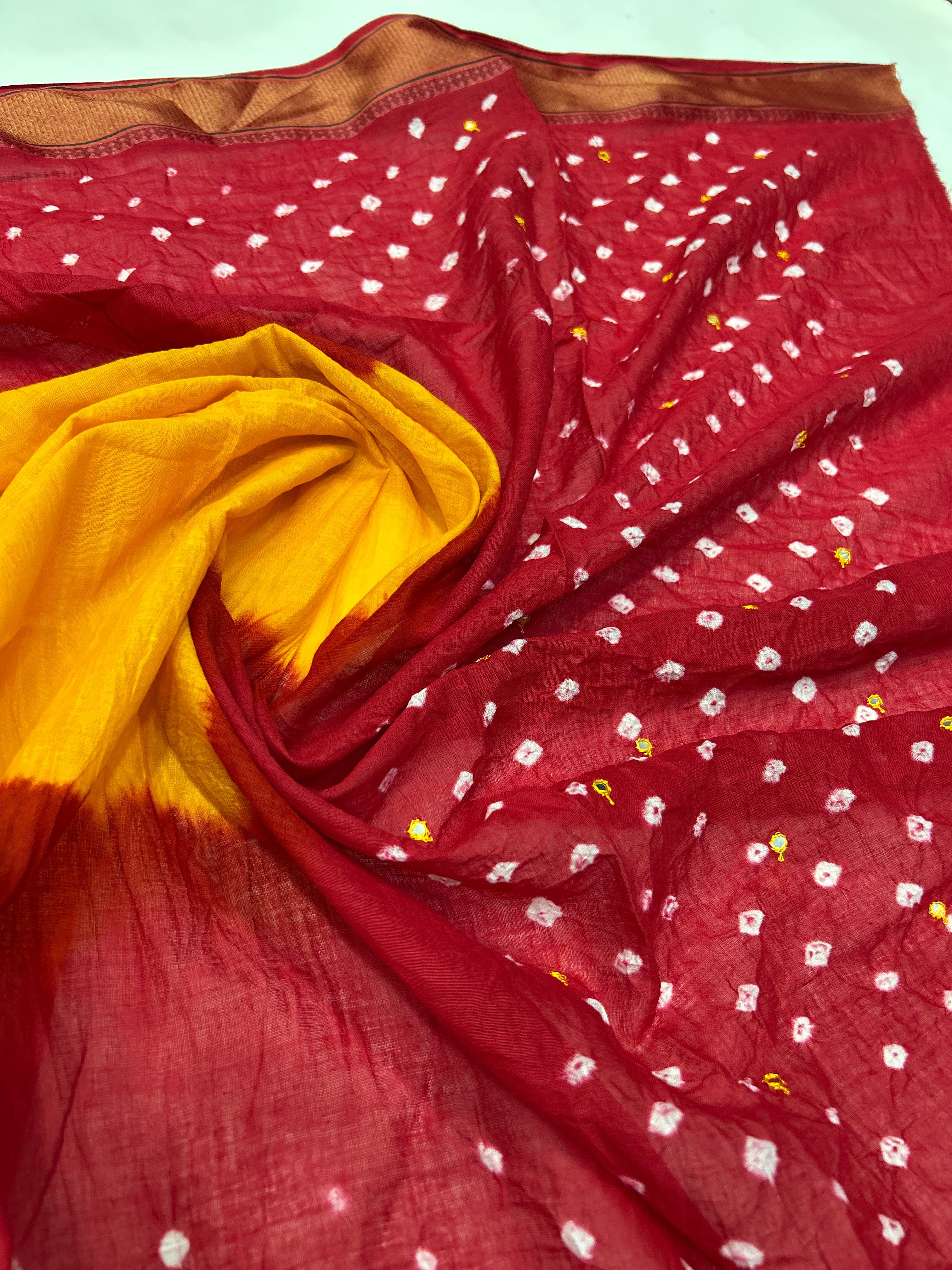 Maroon-Yellow Cotton Fancy Work Bandhani Dress Material maroon / Cotton Dresses